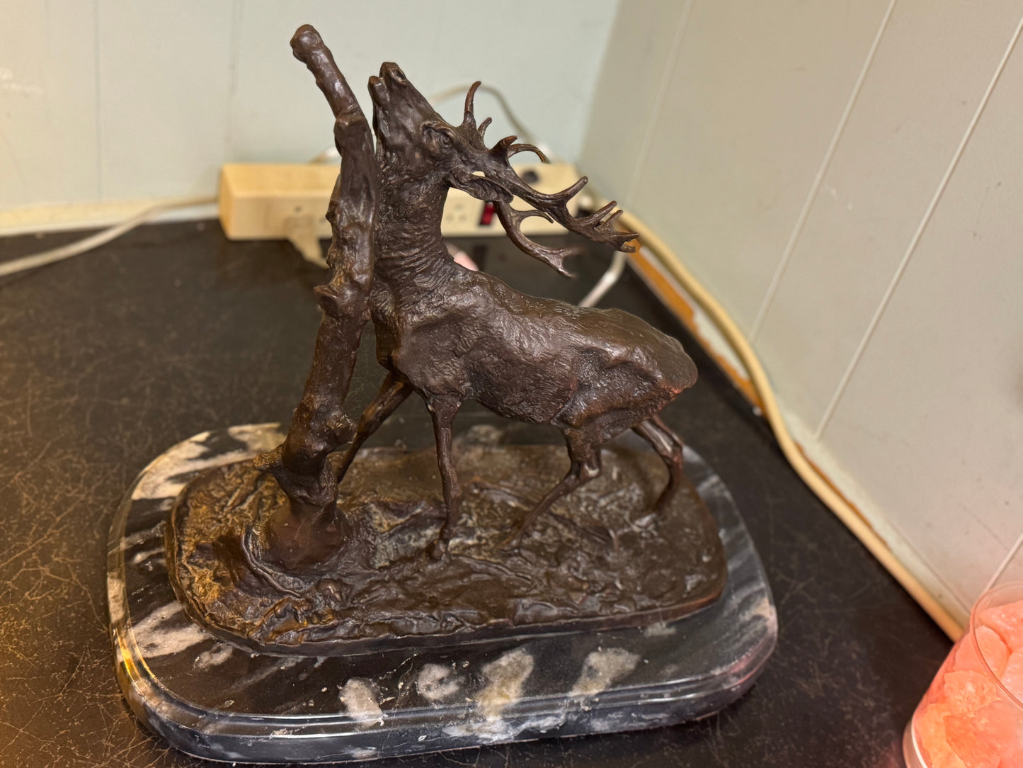 Bronze & Marble Statue "Elk By Tree" By: P.J. MENE