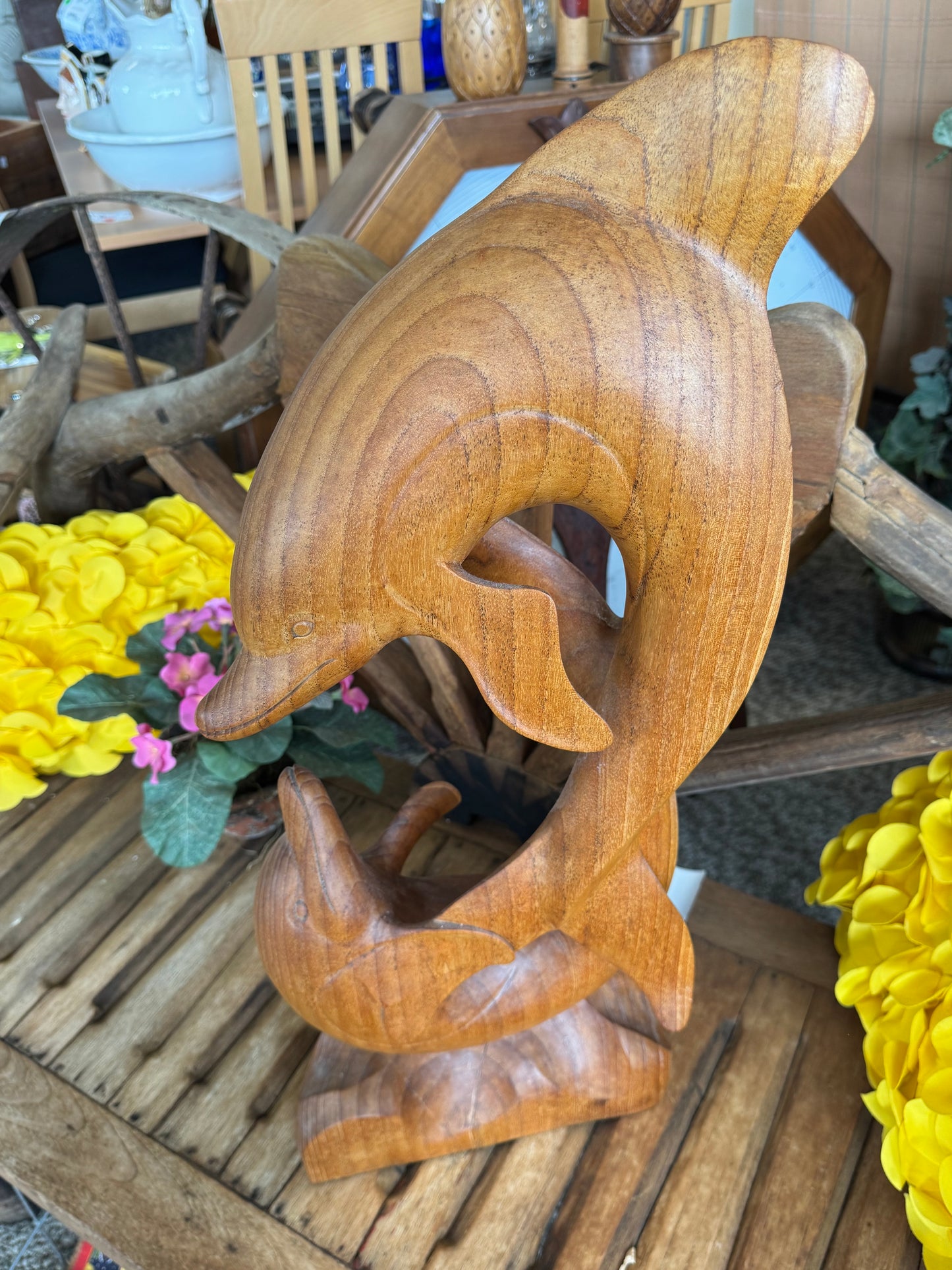 Hand Carved Wooden Dolphin Statue