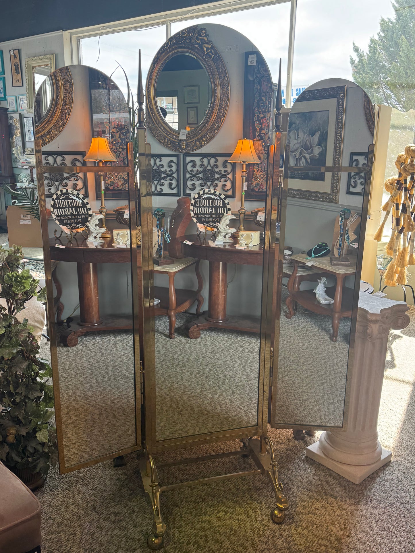 Victorian Three Panel Brass Full Length Mirror