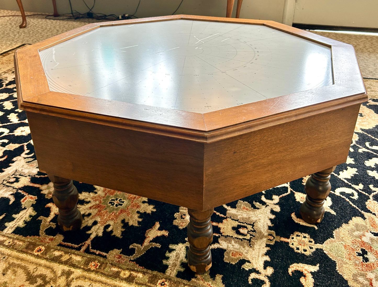 Repurposed Glass Nautical Sailing Map Coffee Table w Custom Solid Wood Base, 38" Wide