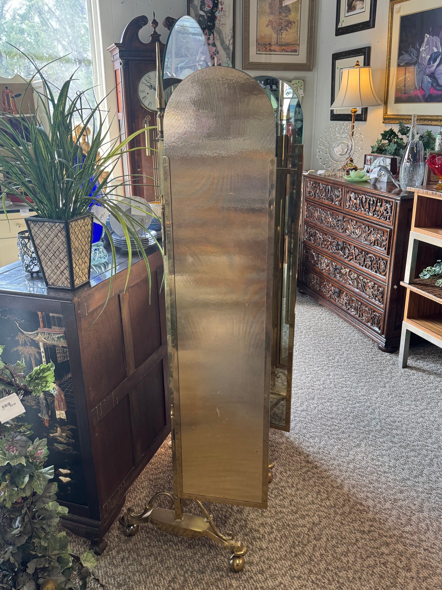 Victorian Three Panel Brass Full Length Mirror