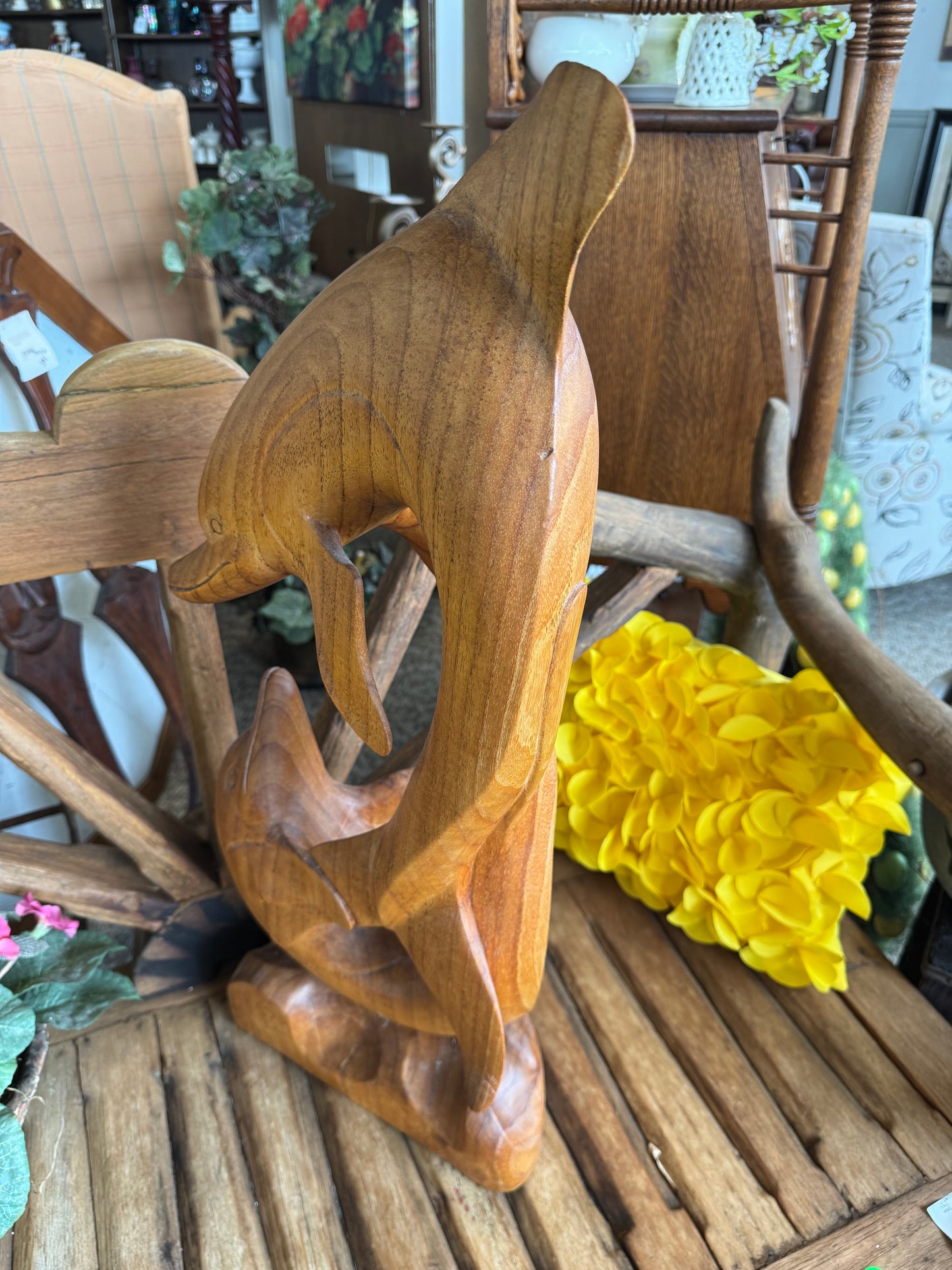 Hand Carved Wooden Dolphin Statue