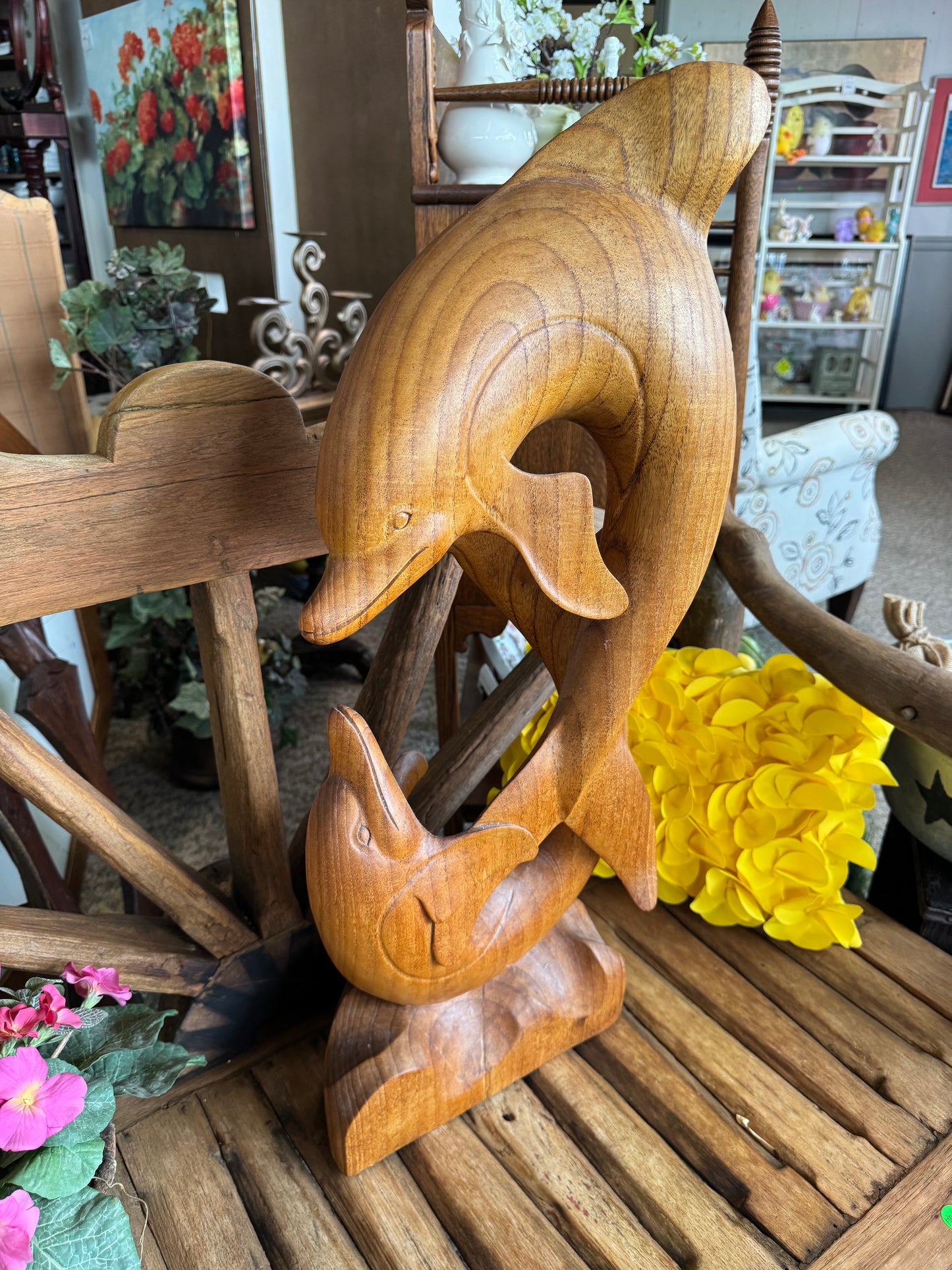 Hand Carved Wooden Dolphin Statue