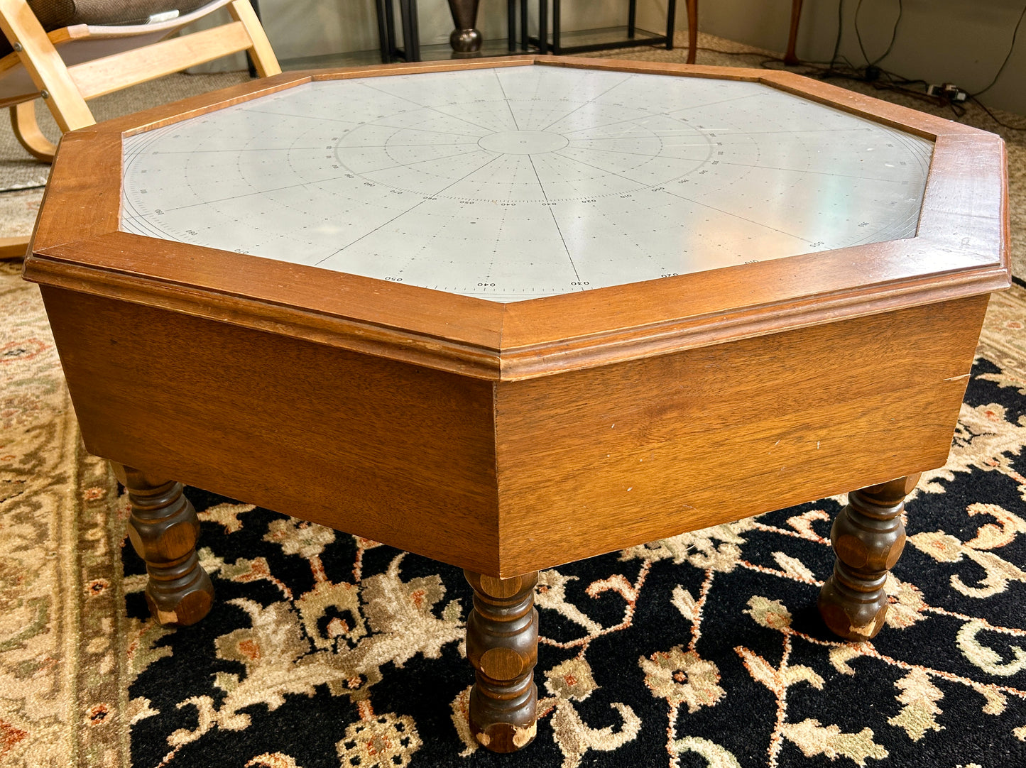 Repurposed Glass Nautical Sailing Map Coffee Table w Custom Solid Wood Base, 38" Wide