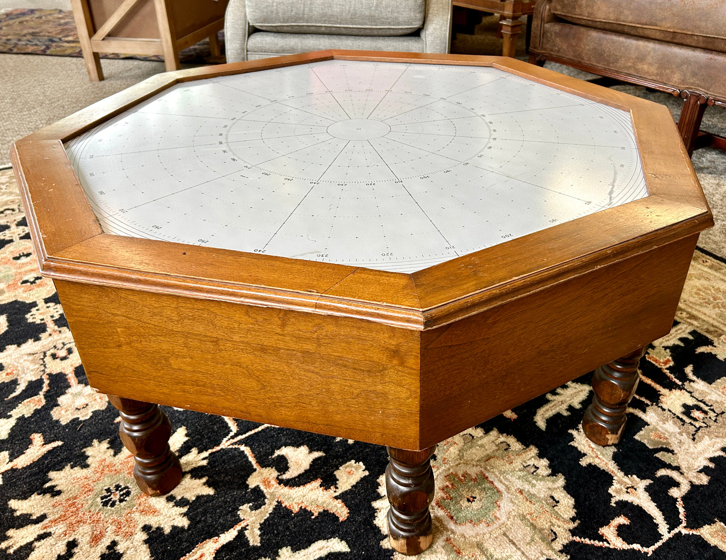 Repurposed Glass Nautical Sailing Map Coffee Table w Custom Solid Wood Base, 38" Wide