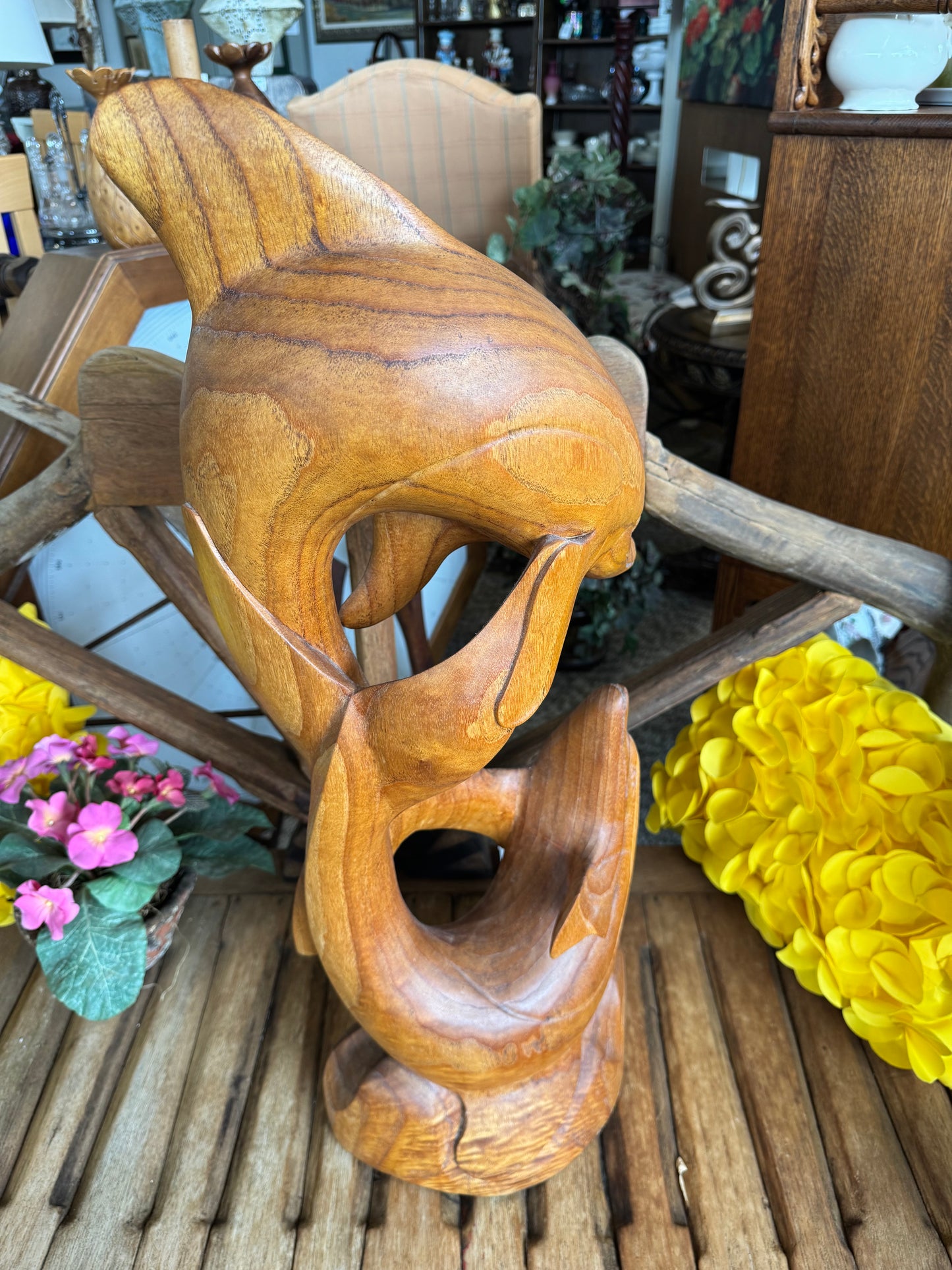 Hand Carved Wooden Dolphin Statue