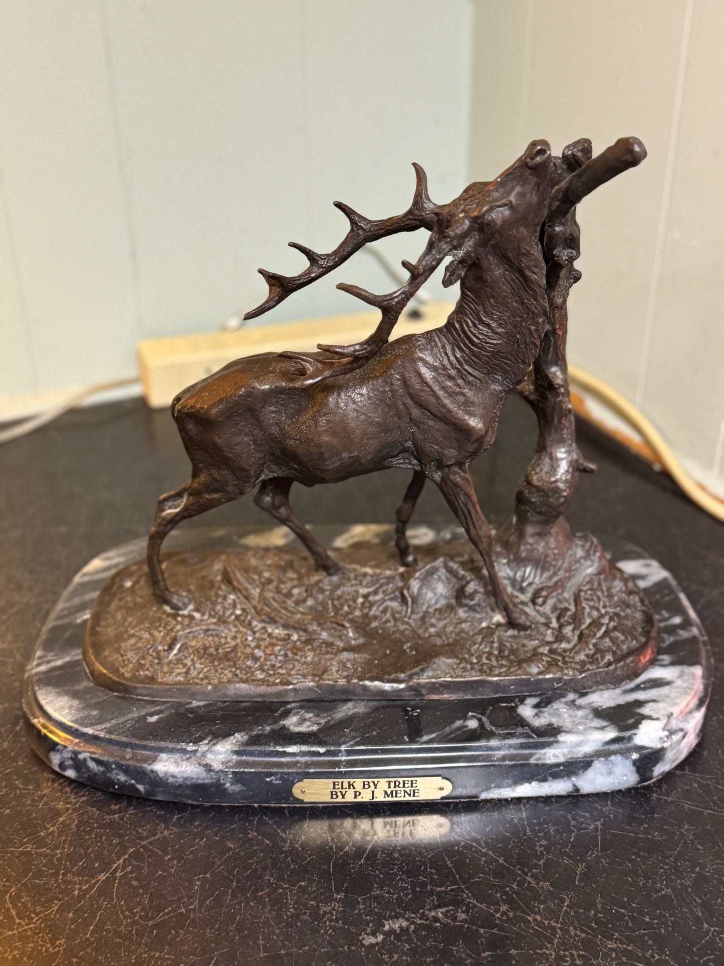 Bronze & Marble Statue "Elk By Tree" By: P.J. MENE
