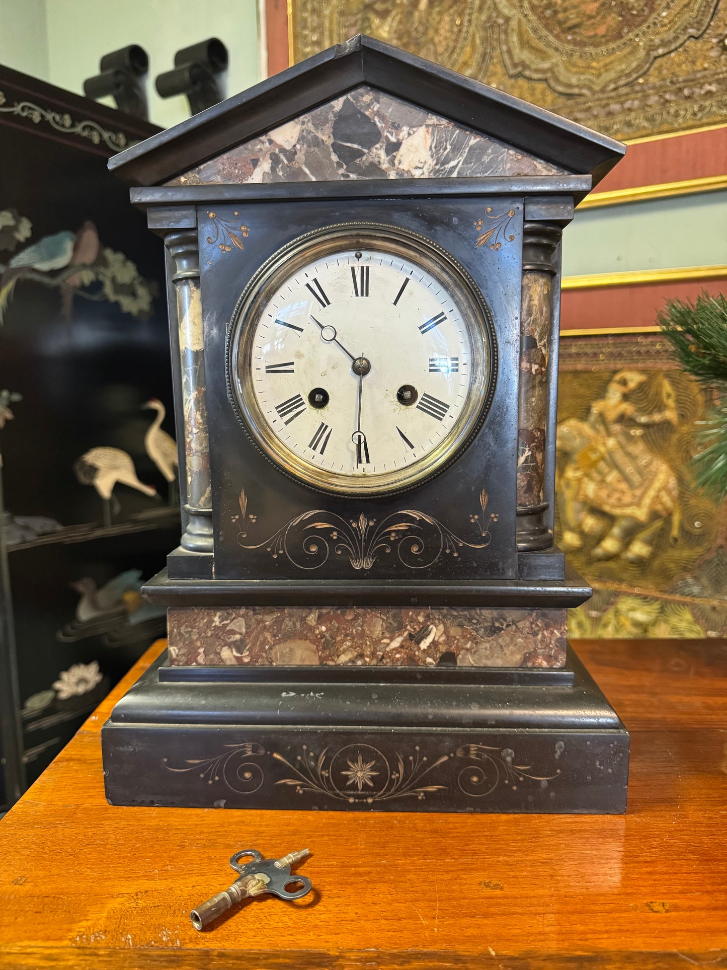 Antique French Marble And Slate Mantel Clock