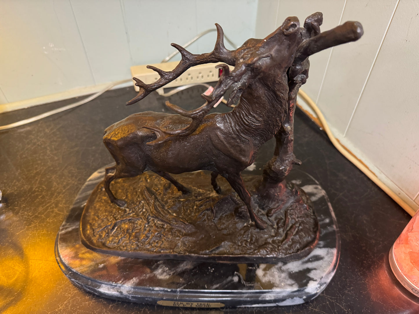Bronze & Marble Statue "Elk By Tree" By: P.J. MENE
