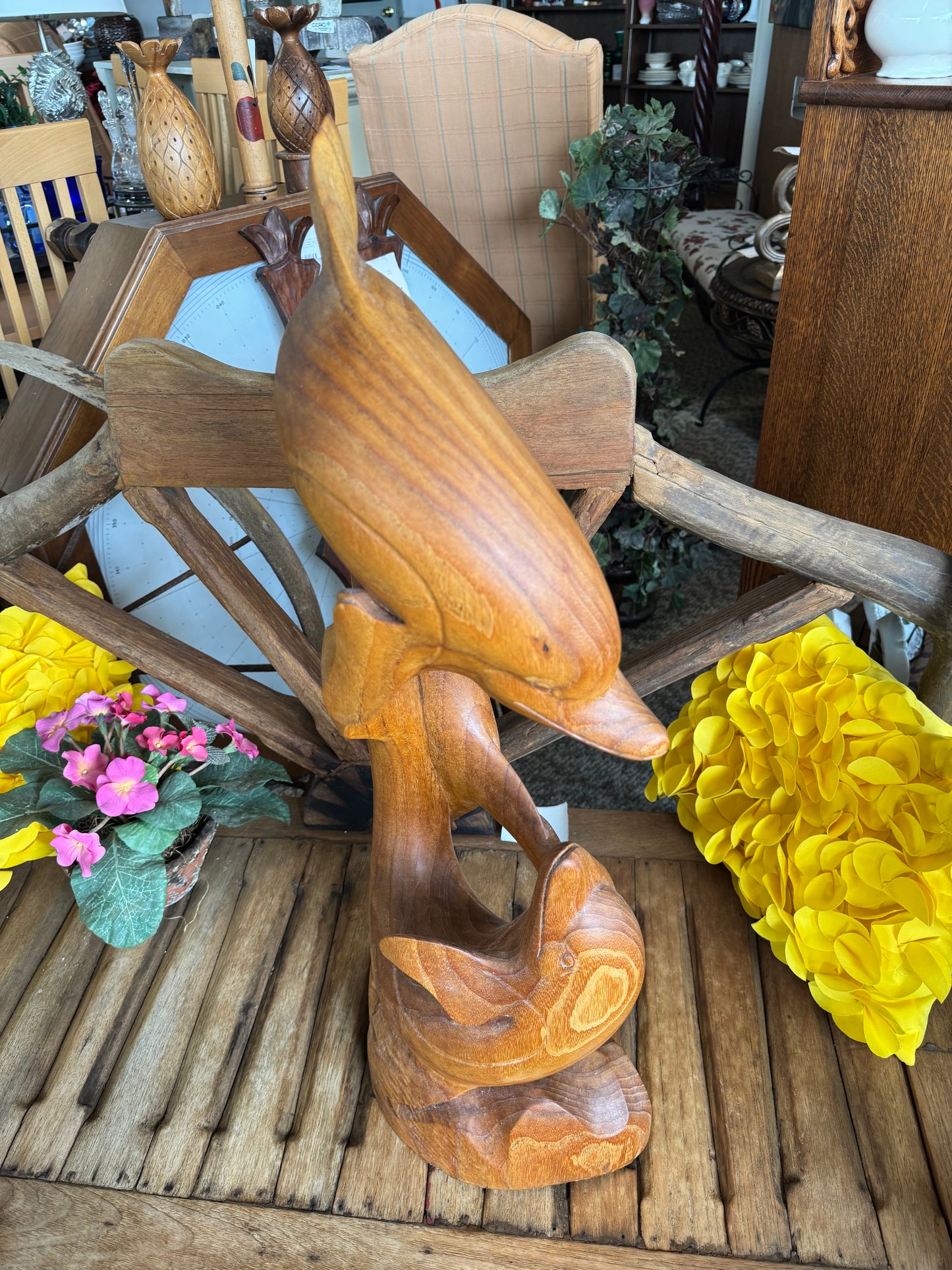 Hand Carved Wooden Dolphin Statue