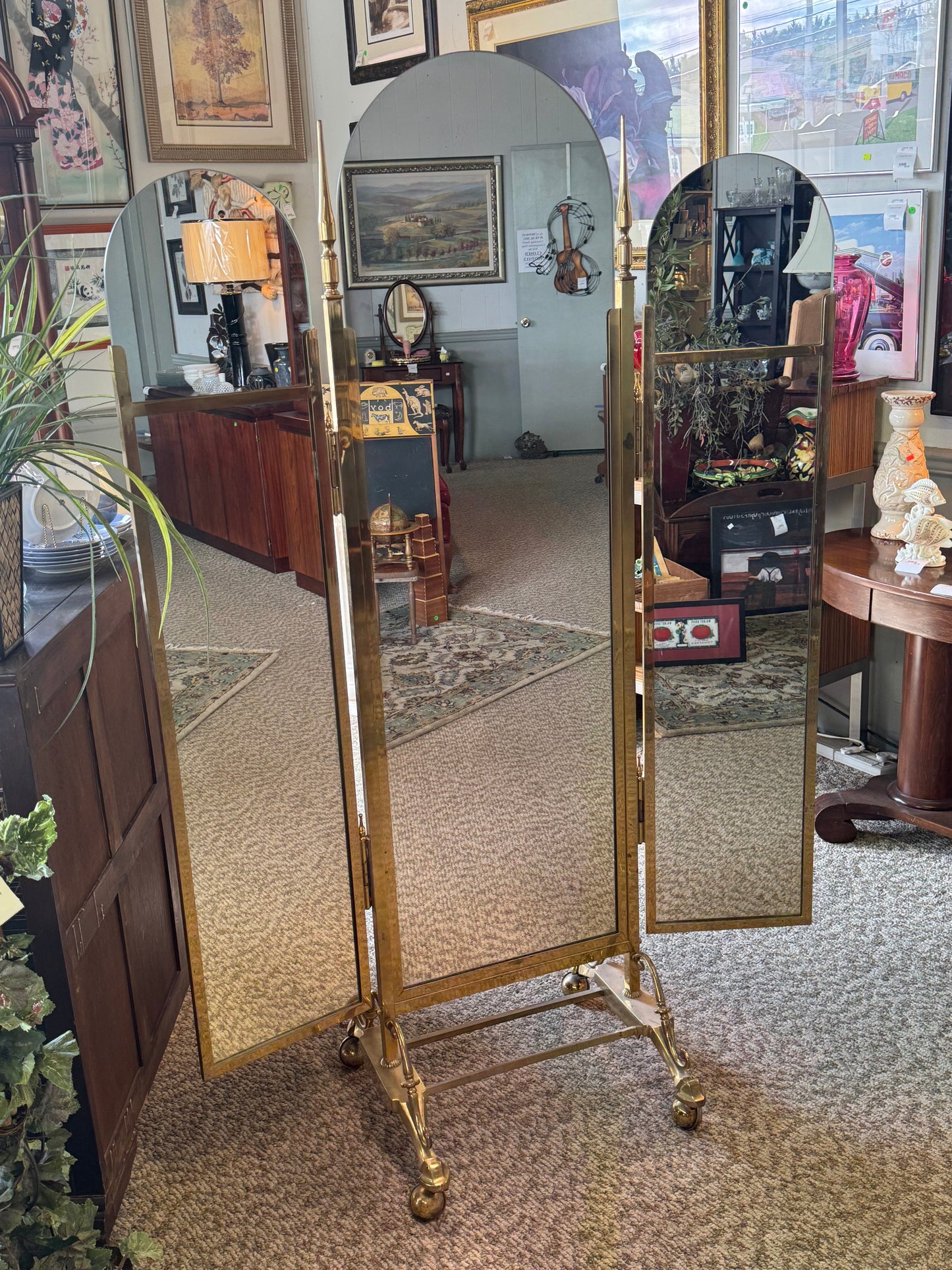 Victorian Three Panel Brass Full Length Mirror