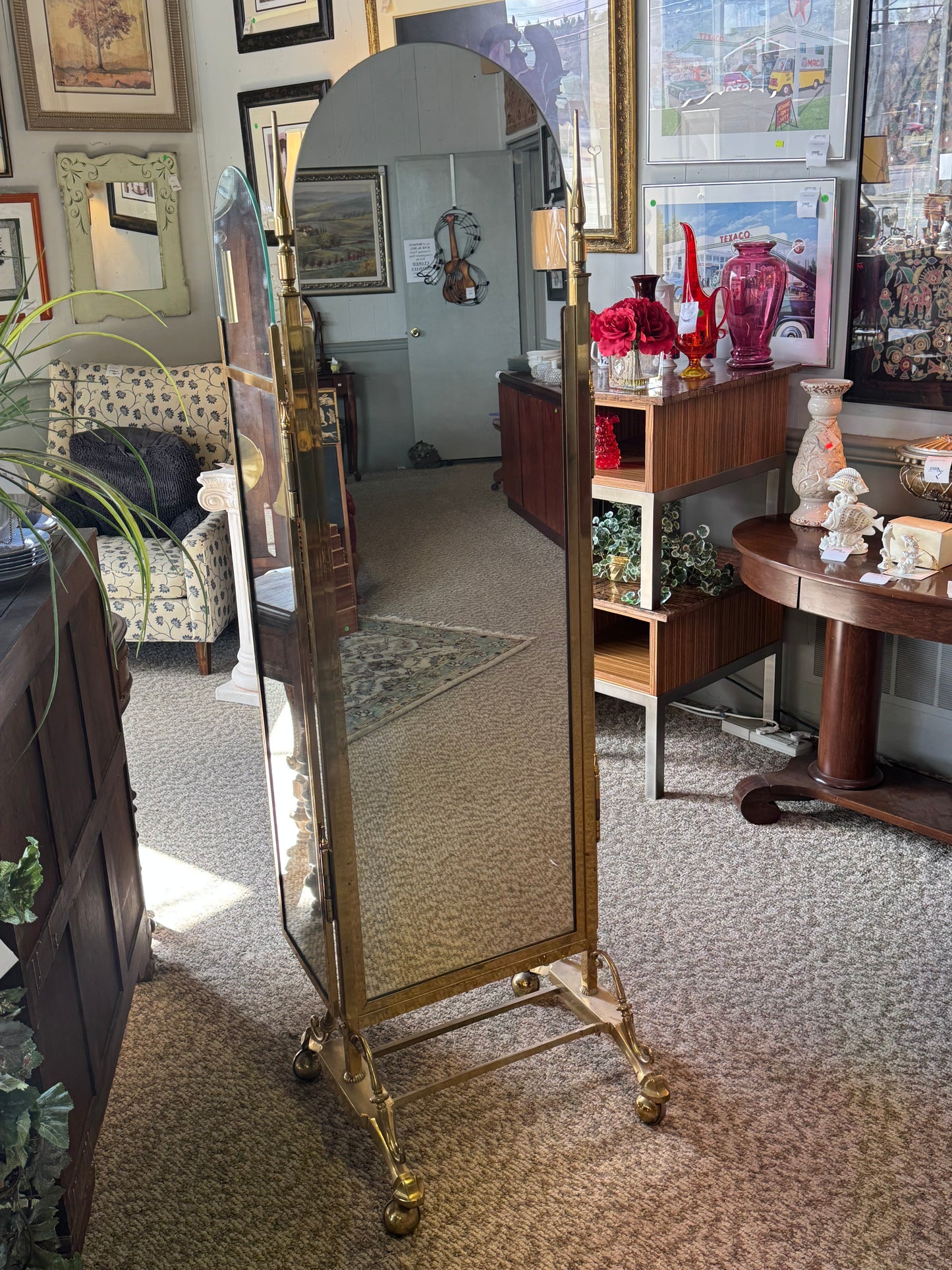 Victorian Three Panel Brass Full Length Mirror