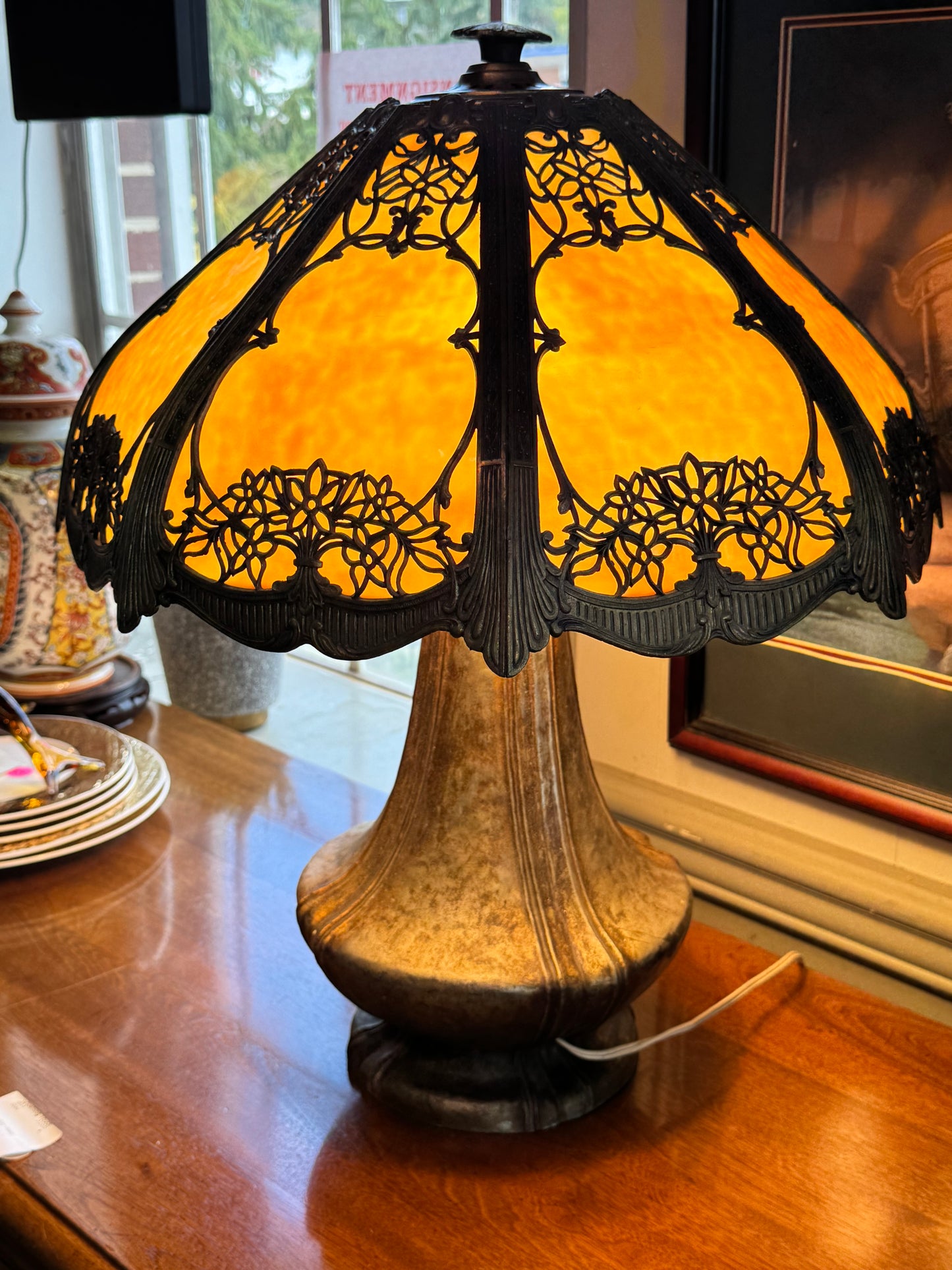 Antique Slag Glass Table Lamp
