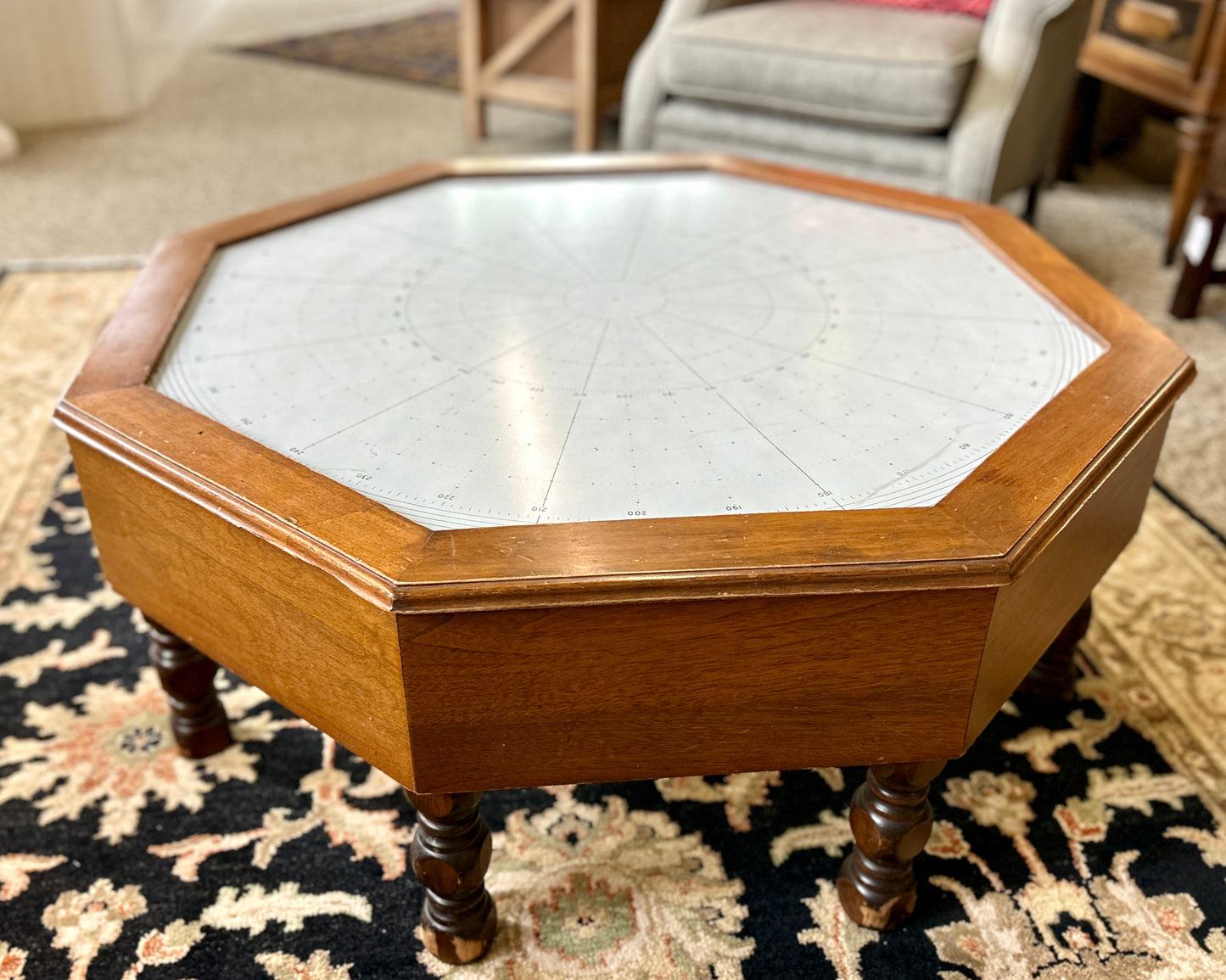 Repurposed Glass Nautical Sailing Map Coffee Table w Custom Solid Wood Base, 38" Wide