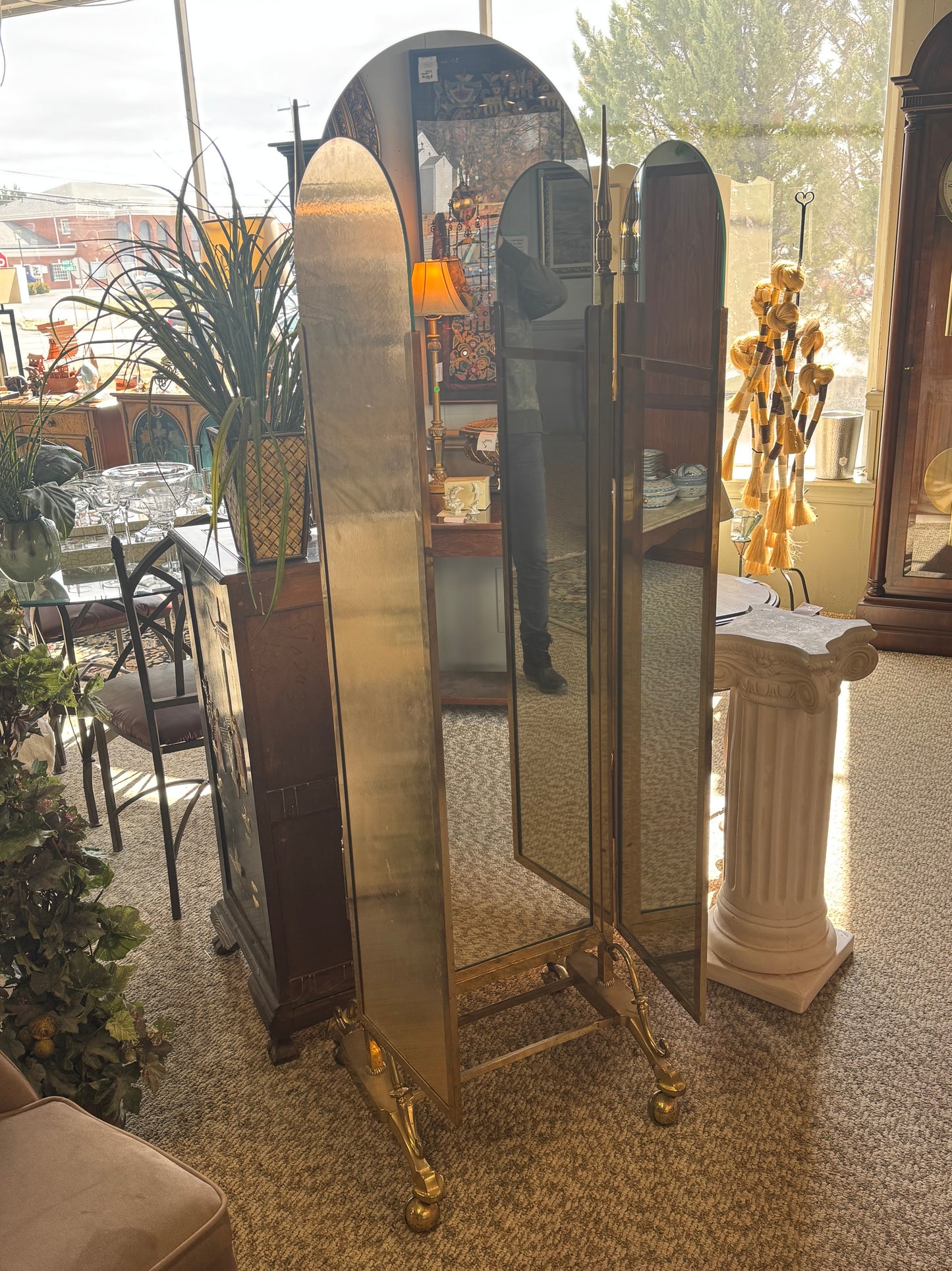 Victorian Three Panel Brass Full Length Mirror