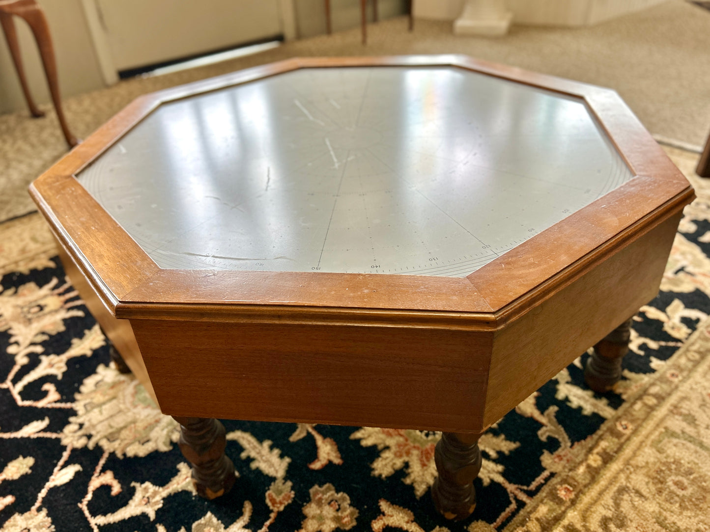 Repurposed Glass Nautical Sailing Map Coffee Table w Custom Solid Wood Base, 38" Wide