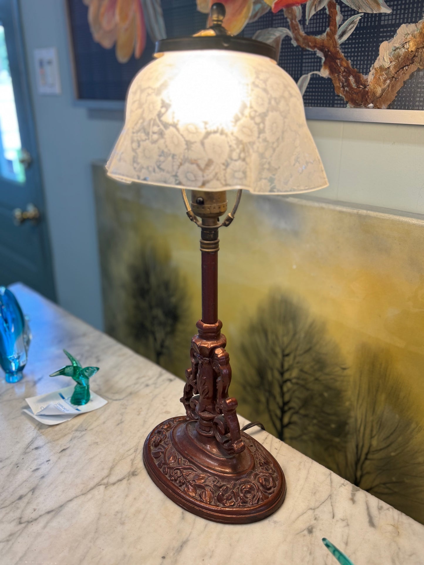 Antique Table Lamp W/Glass Shade