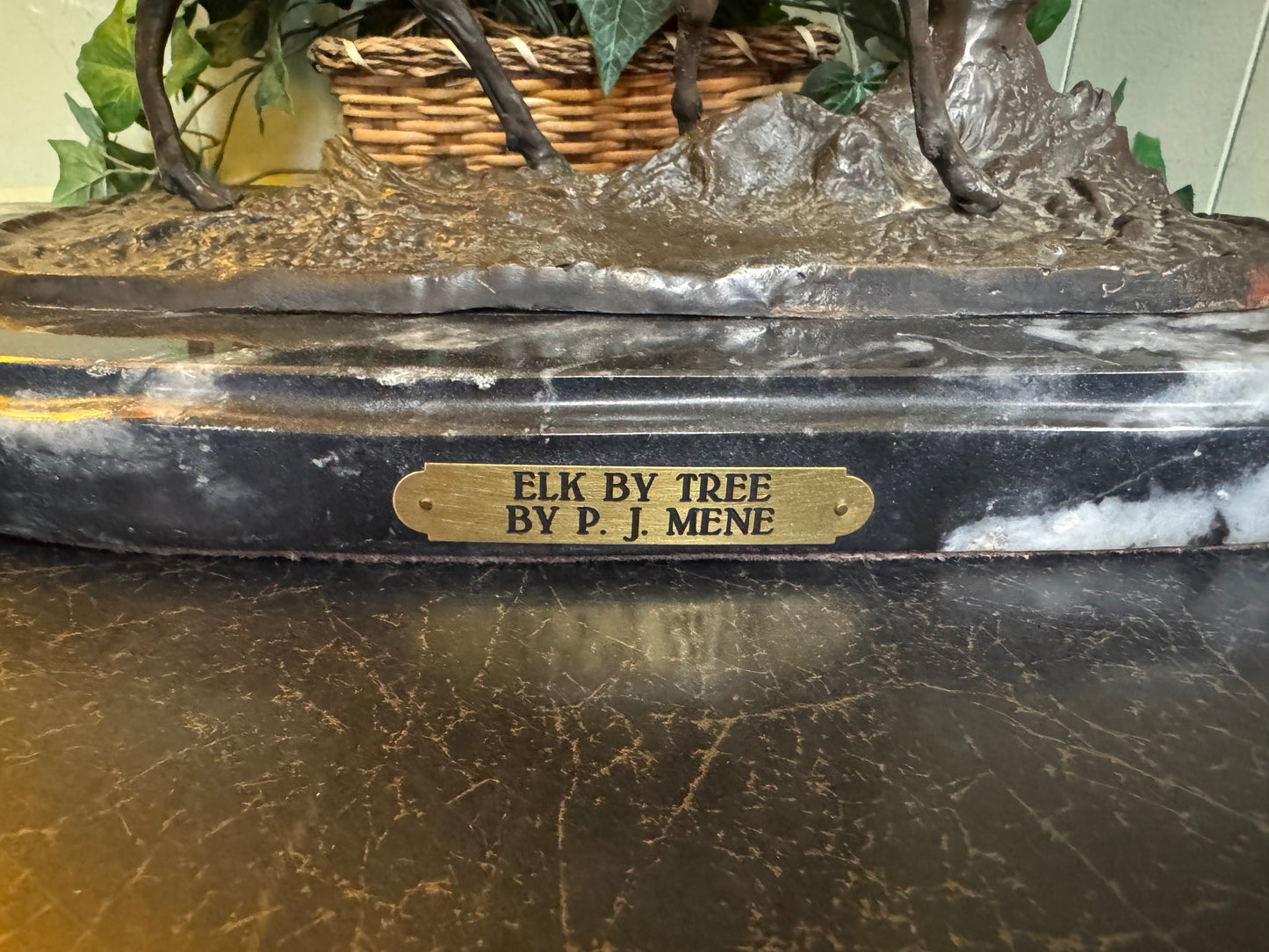 Bronze & Marble Statue "Elk By Tree" By: P.J. MENE