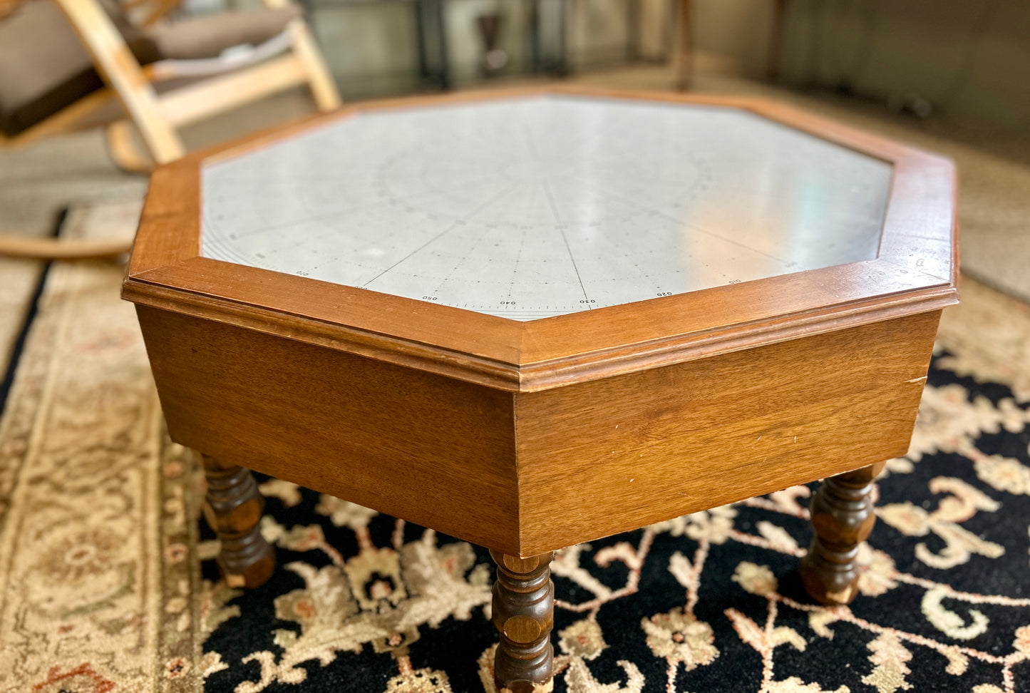 Repurposed Glass Nautical Sailing Map Coffee Table w Custom Solid Wood Base, 38" Wide