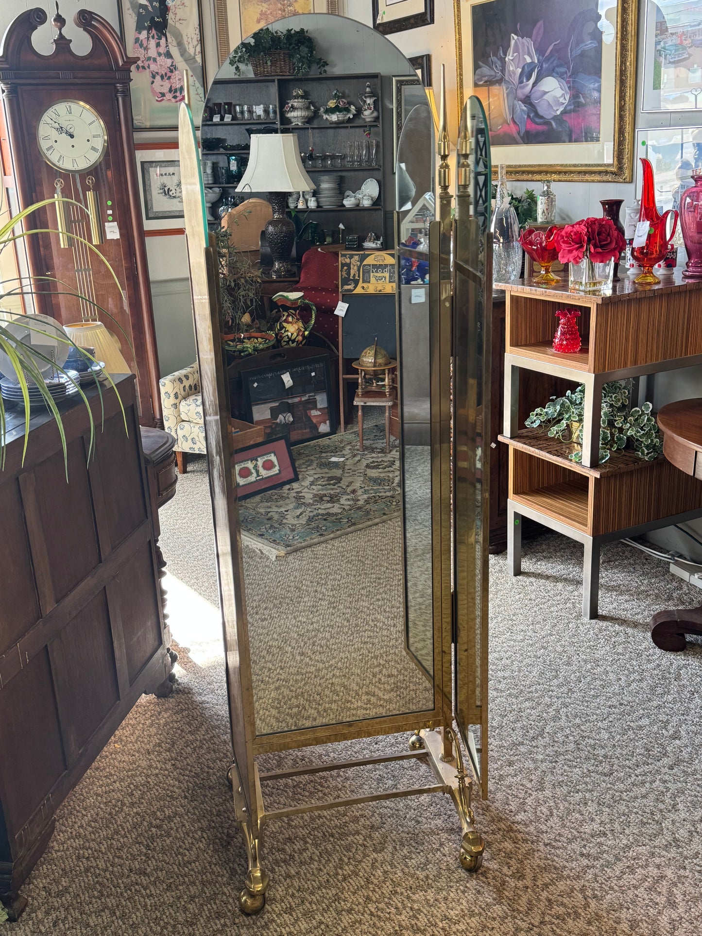 Victorian Three Panel Brass Full Length Mirror