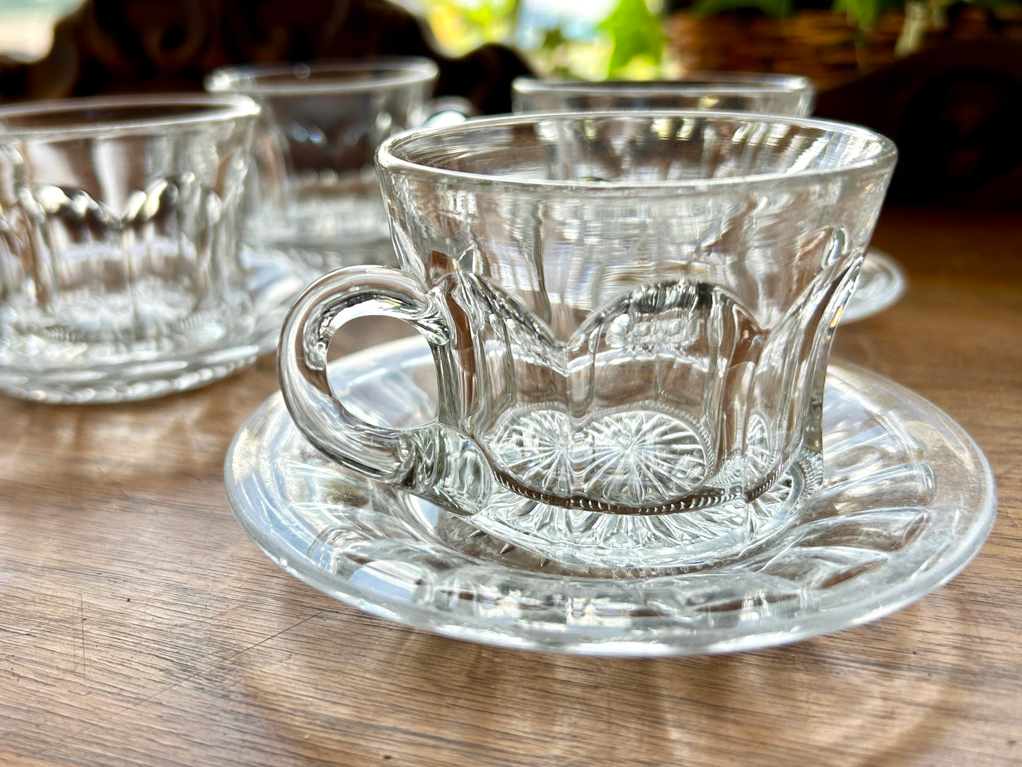 Set Of Four Beautiful Heisey Glass Cups And Saucers, with Diamond H logo, Star Cut