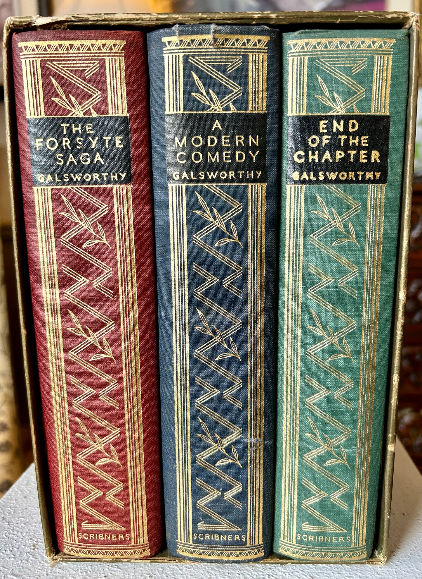 Rare Set of Three 1935 Hardcover Books by John Galsworthy, Modern Comedy, End of the Chapter & Forsyte Saga