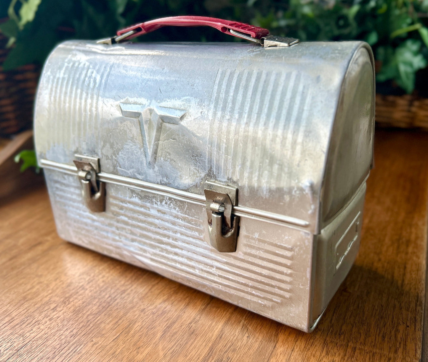 Cool, 1940s Thermos Lunch Box, Aluminum Metal w Swing Handle and Locking Hinges