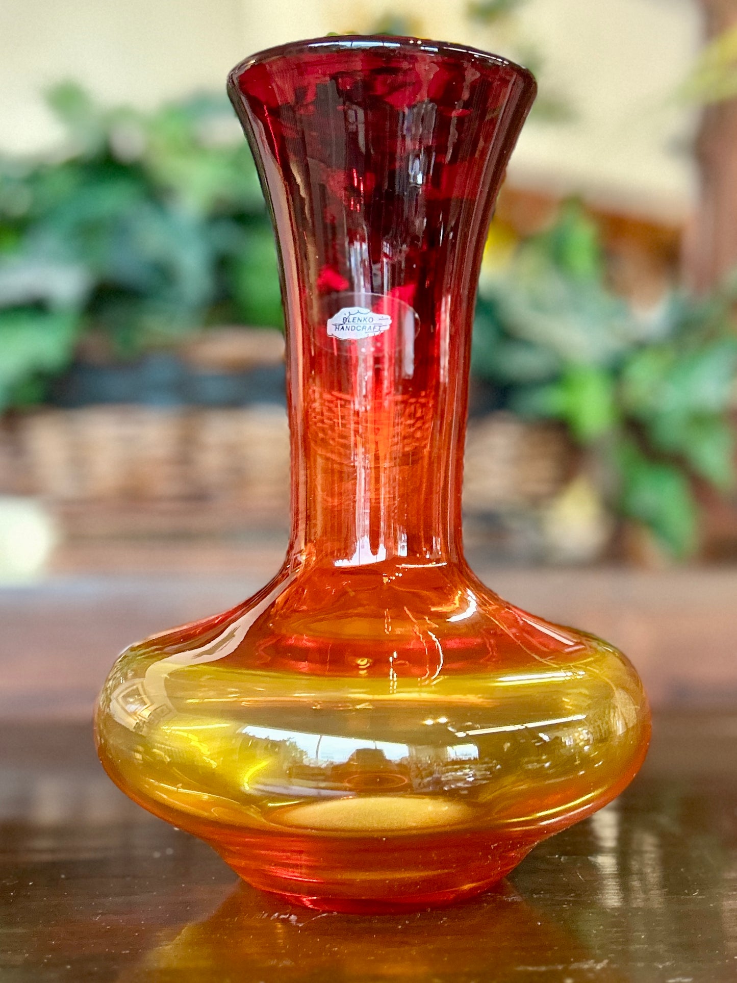 BLENKO Mid-Century Modern Amberina Glass Vase, Red & Yellow Ombre, 10.25" Tall