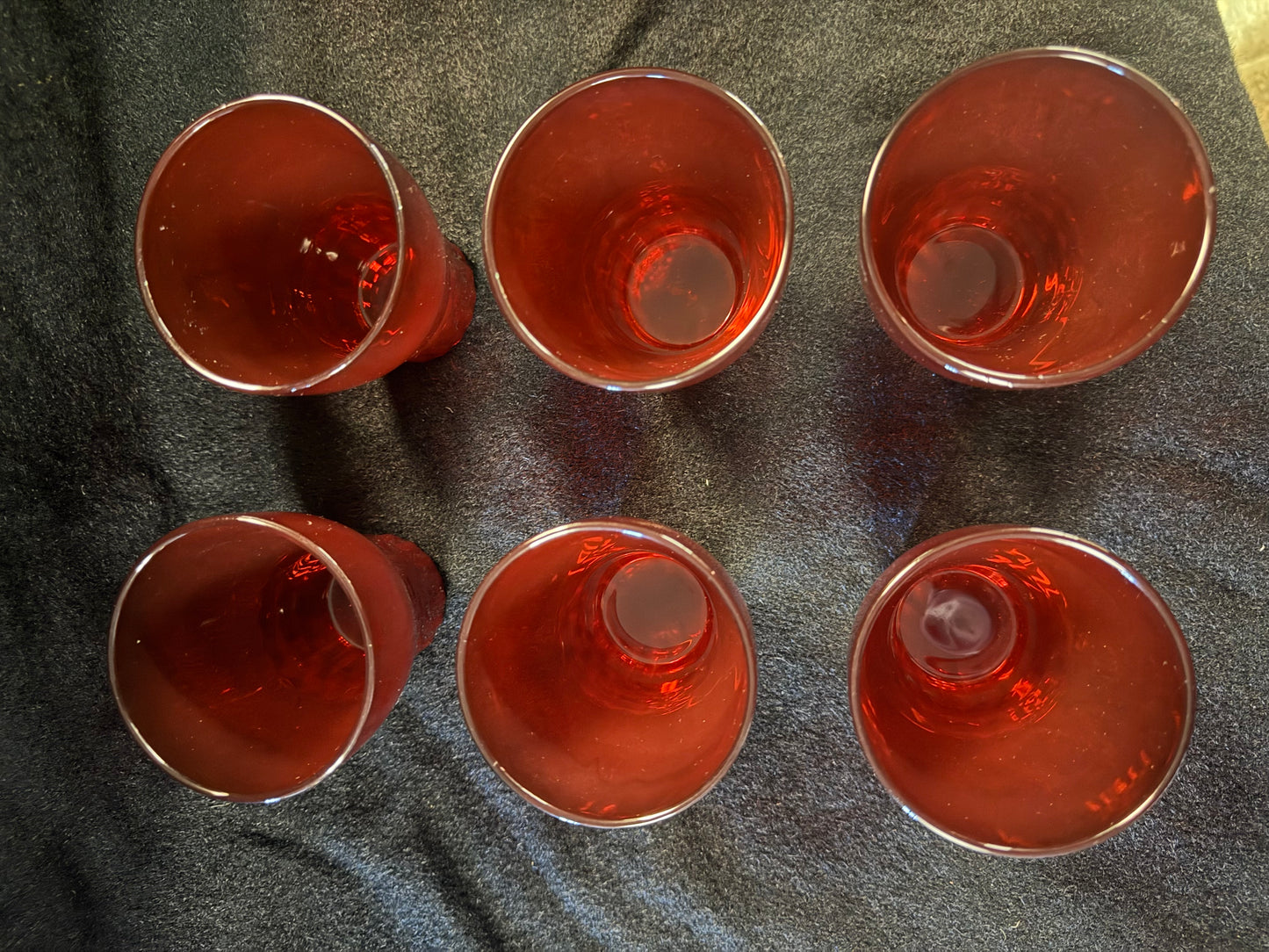 Vintage Red Glass Pitcher With Six Glasses & Two Bowls