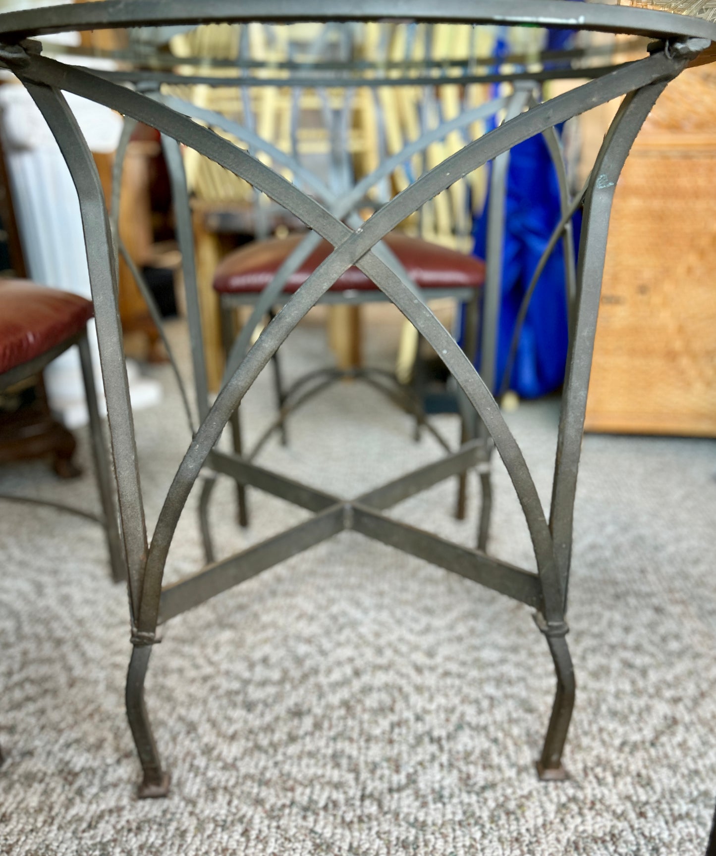 Wrought Iron Dining Set w Beveled Glass Top and Four Upholstered Chairs, 48" Diameter Table