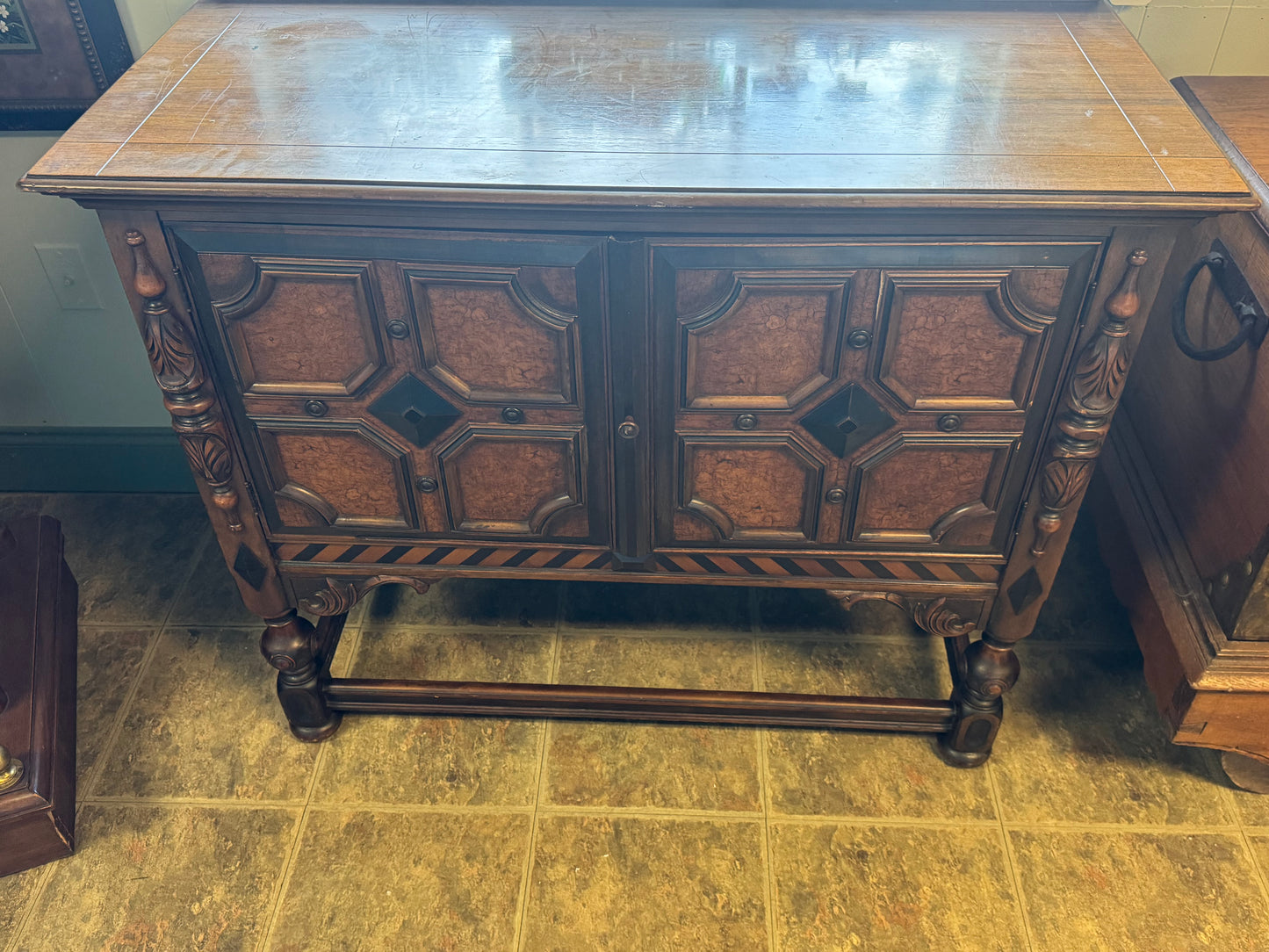 Antique BERKEY & GAY Furniture Renaissance Revival Mahogany, Burl Wood and Ebonized Wood Cabinet