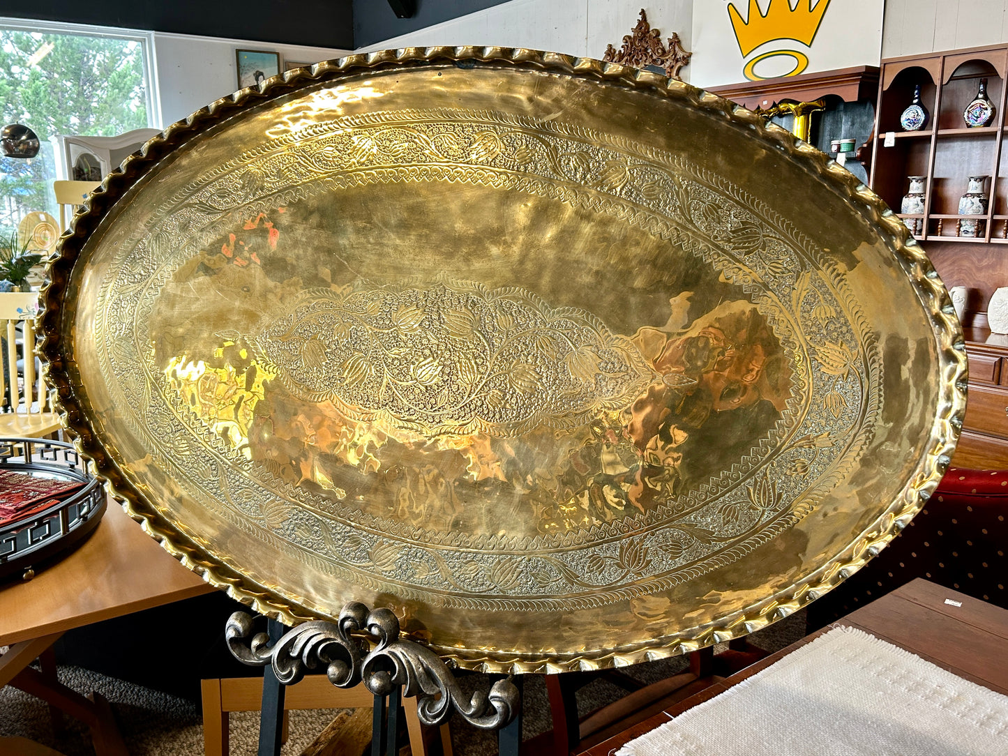 Large Brass Coffee Table Tray Top, Indian Moroccan Style, 55" Oval