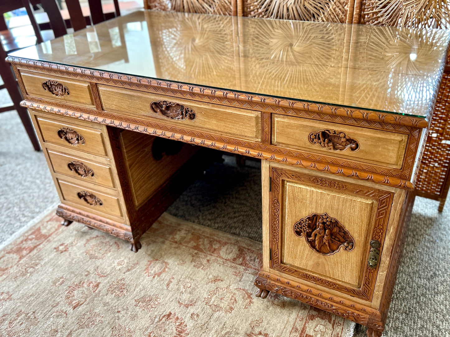 Ornately Carved, Glass-Topped Asian Desk with Two Chairs, Beautiful, Intricately Carved Motifs