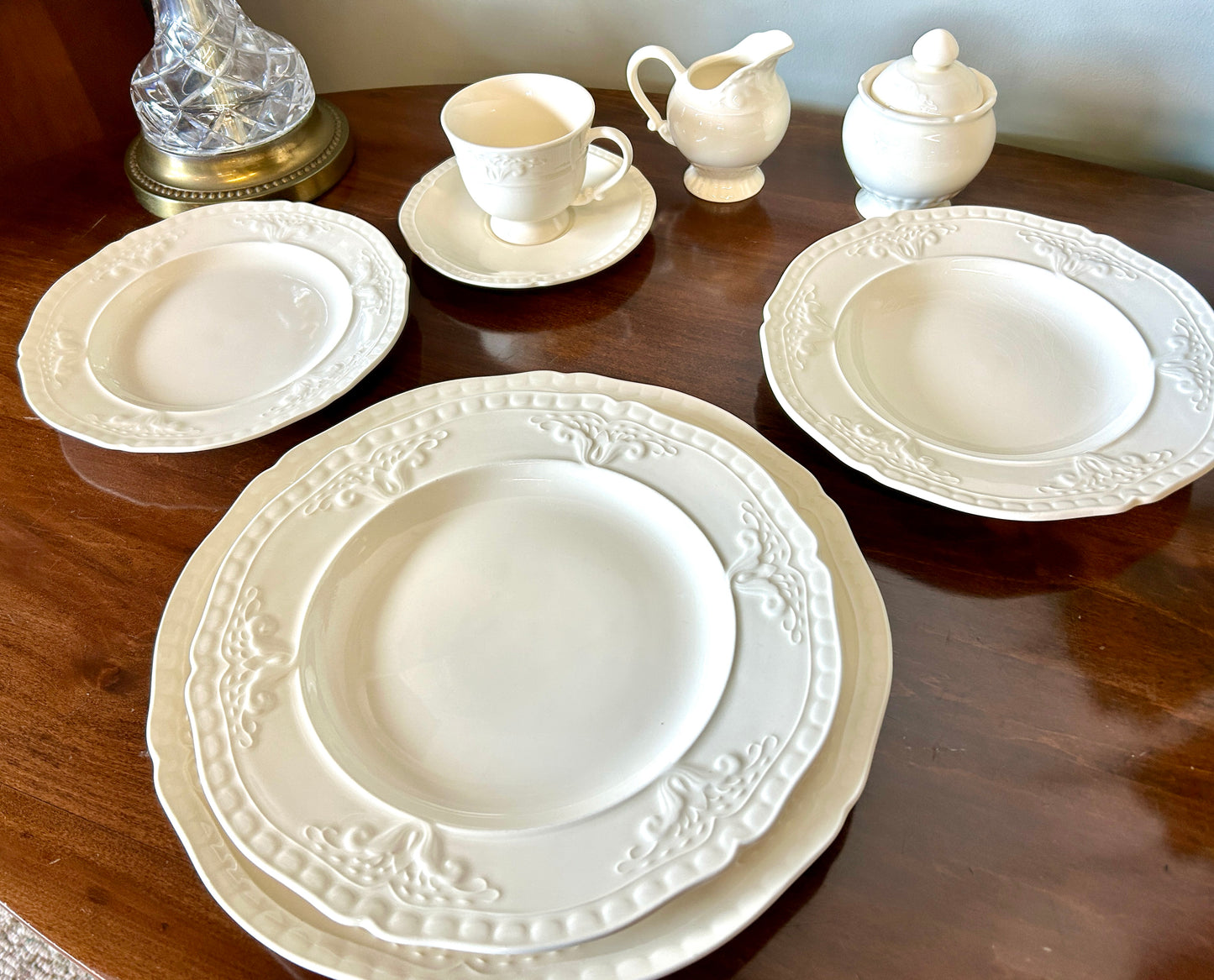 151-Piece Italian China Set, Divina By Wald Creamware; Dishes, Bowls, Teapot, more, with Beautiful Embossed Rim