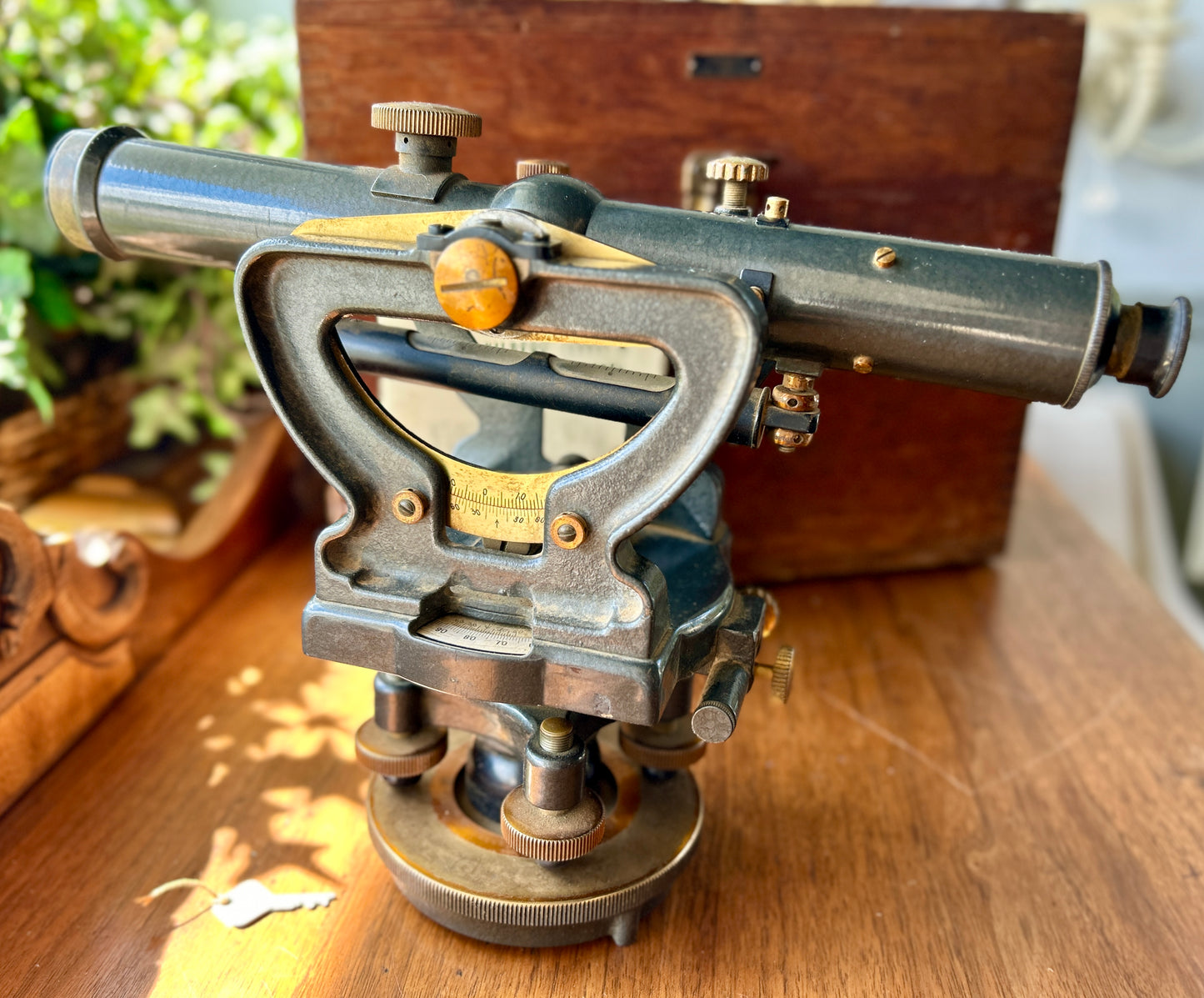 Vintage 1960s Dietzgen 6300 Builder's Level in Oak Case w Manual, Plumbs, Stand, with Keuffel & Esser Co Manual, Plumb Bobs, Sun Shade, Key