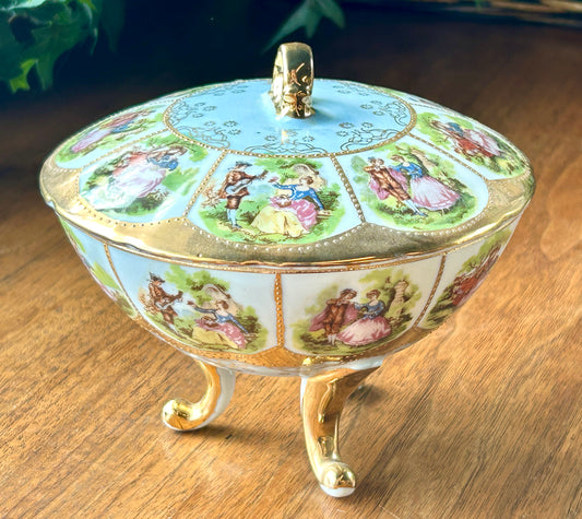 Vintage 1950s Royal Vienna Hand Painted Covered Dish "Courting Couples" Gilt 6"