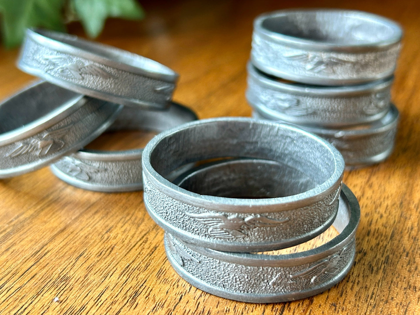 Set of 8 Vintage Pewter Napkin Rings, The Great Shield, United States of America