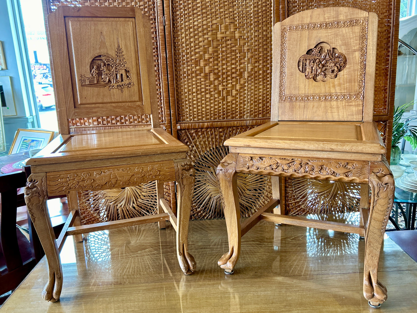 Ornately Carved, Glass-Topped Asian Desk with Two Chairs, Beautiful, Intricately Carved Motifs