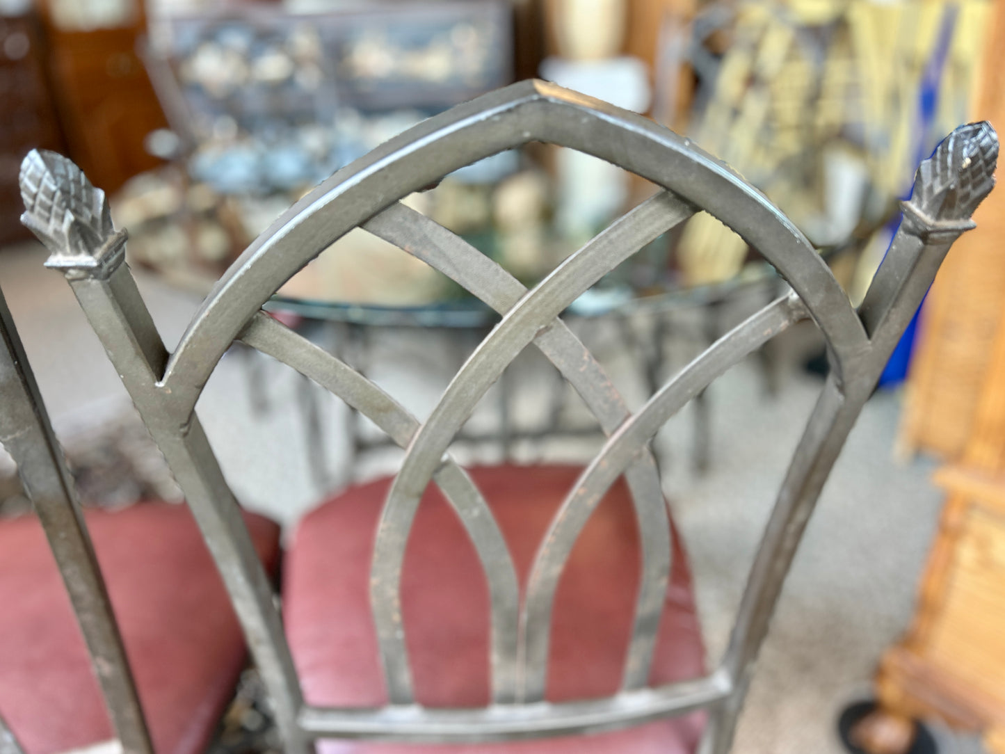 Wrought Iron Dining Set w Beveled Glass Top and Four Upholstered Chairs, 48" Diameter Table