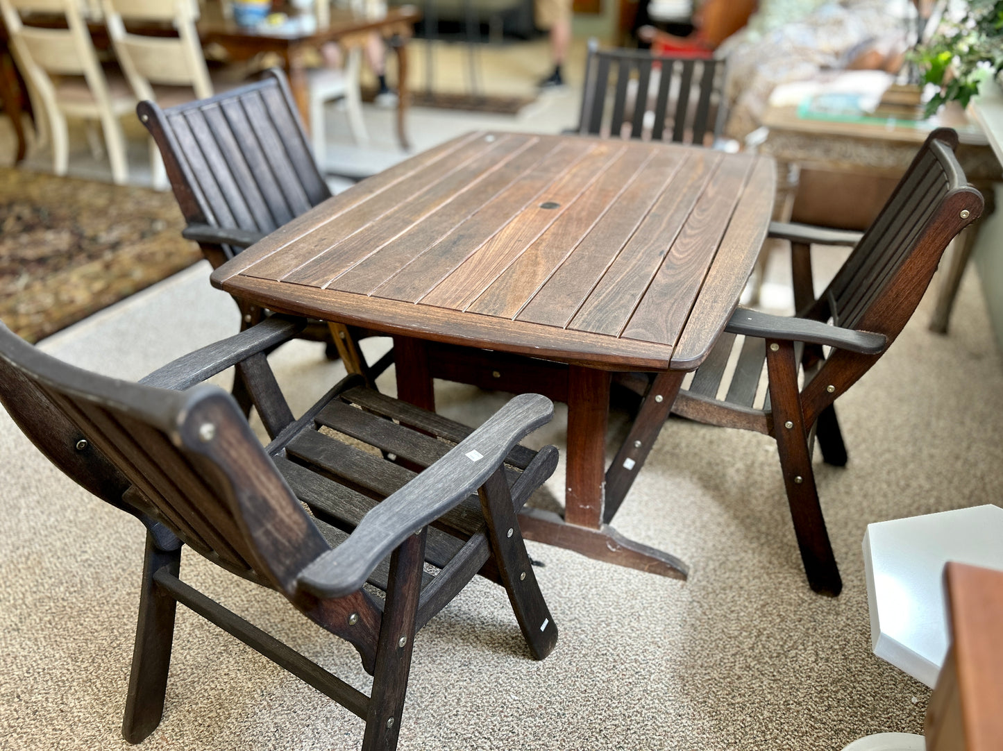 Outdoor Patio Dining Set, 5 Piece Jensen Jarrah Ipe Wood Table and 4 Chairs