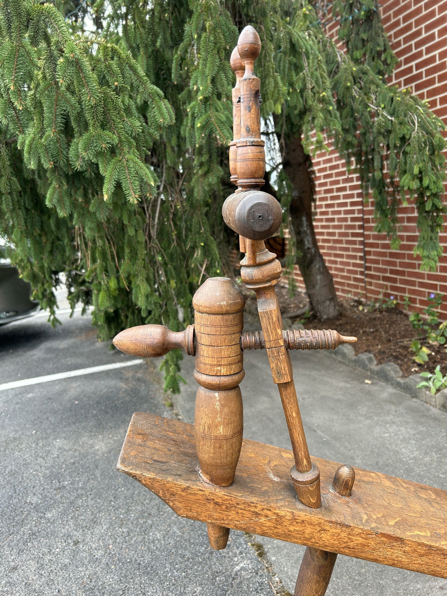 Antique Spinning Wheel, Solid Wood with Turned Detail, 65" Wide