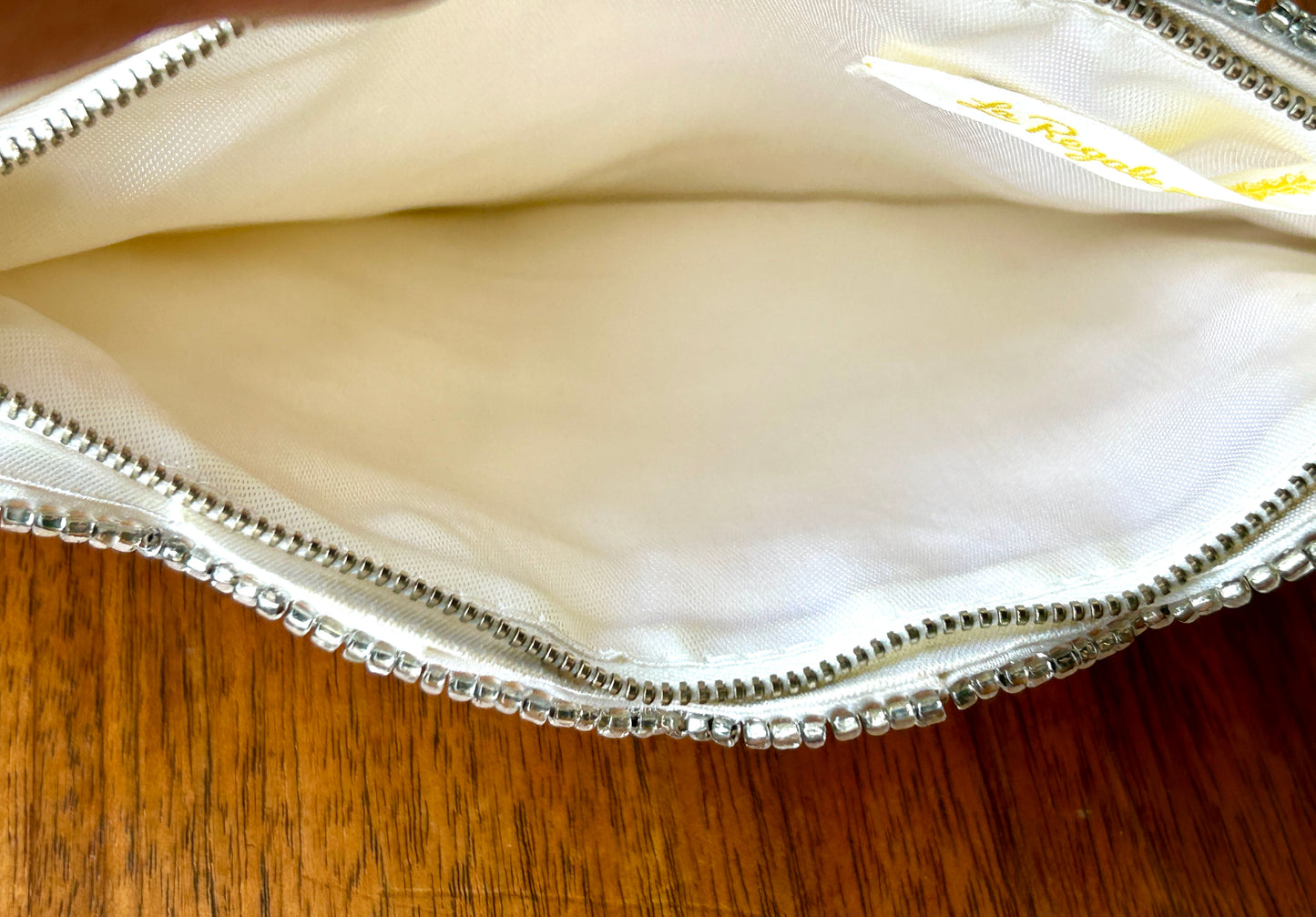 Vintage Beaded Clutch, 1950s La Regale White Satin Purse w Silver Beading, 8"Long