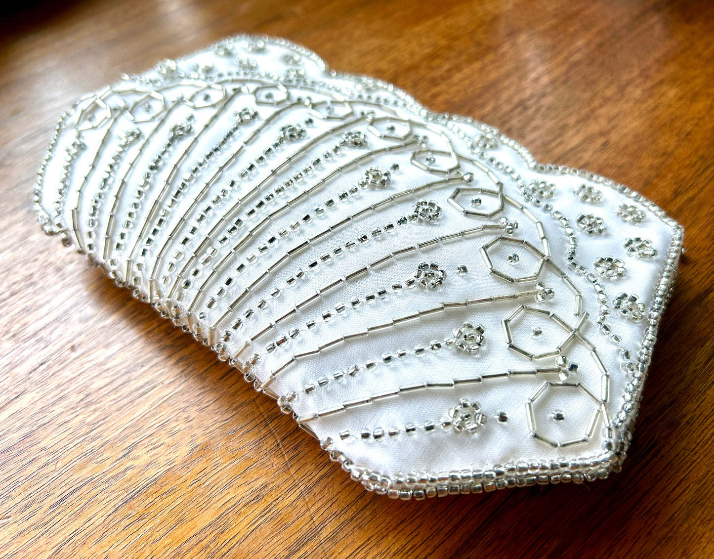 Vintage Beaded Clutch, 1950s La Regale White Satin Purse w Silver Beading, 8"Long