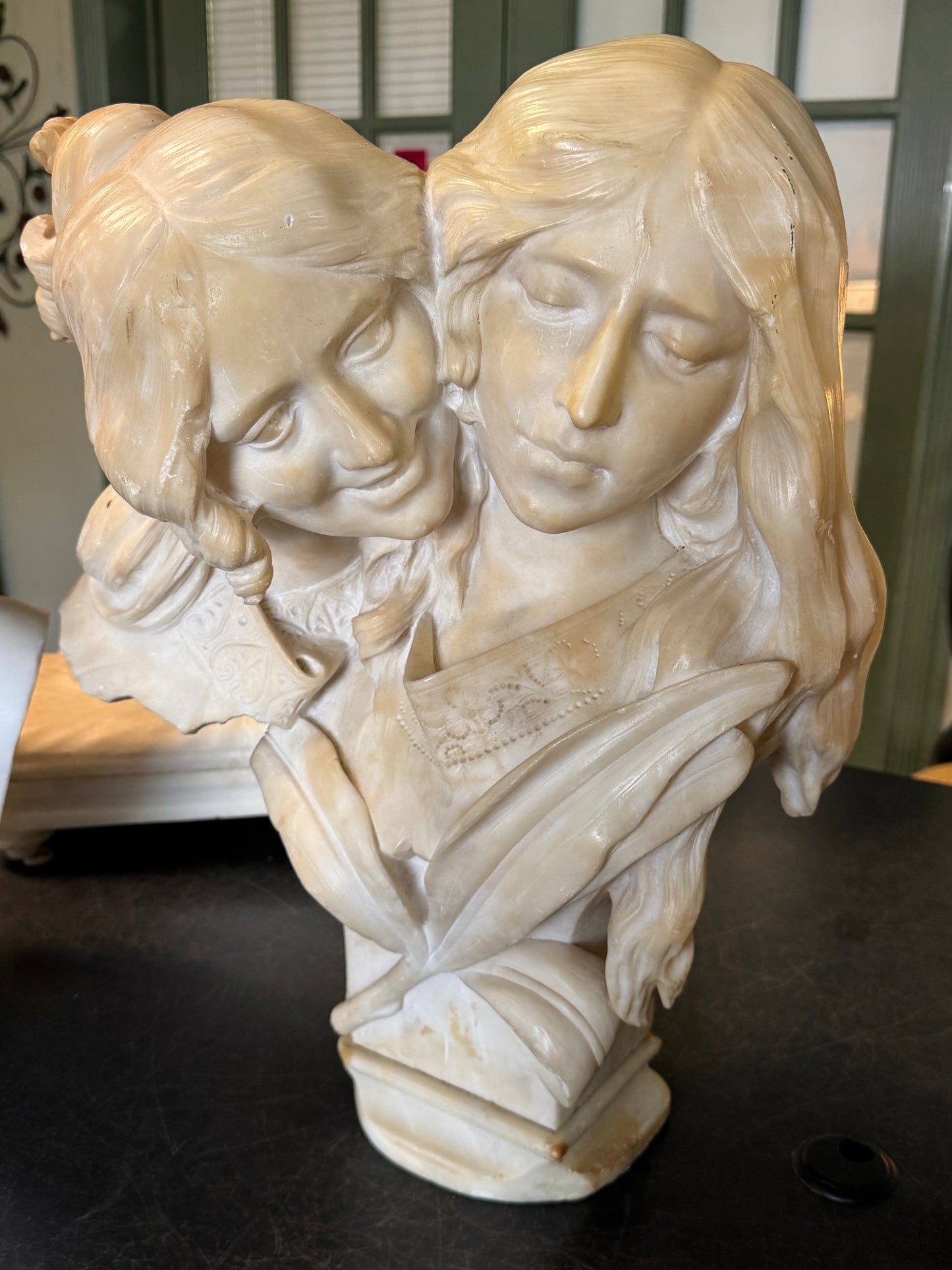 Exquisite Hand-Carved Marble Bust of Mother and Child Embracing