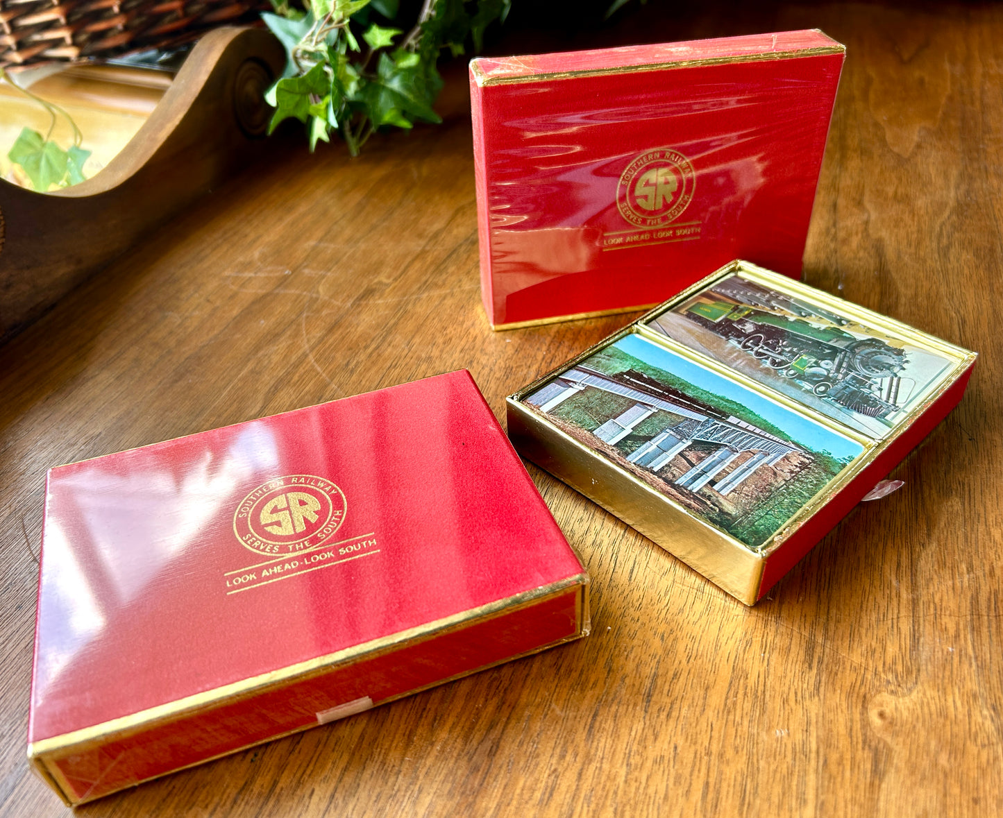 Lot of 2 Vintage Southern Railway Playing Card Sets in Flocked Gift/Presentation Boxes, 1970s