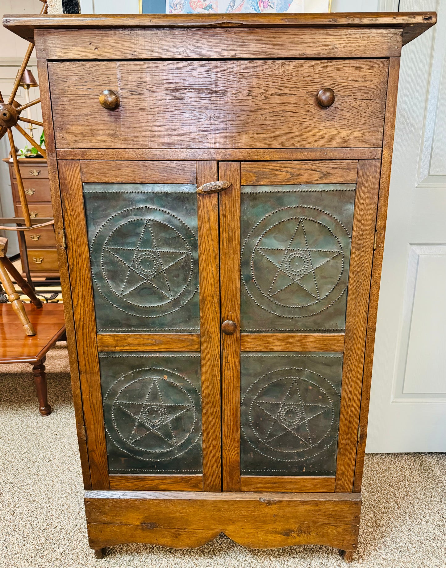 Antique Pie Safe With Push Tin Primitive Star Doors