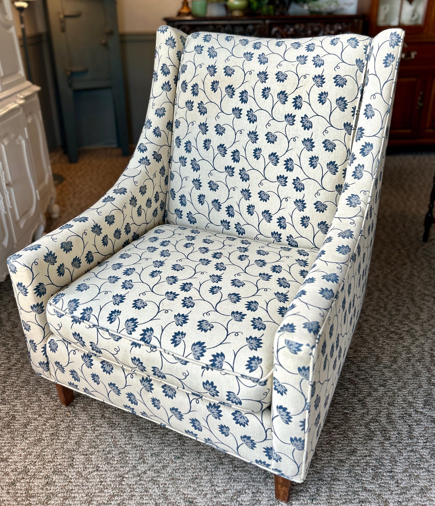 Beautiful Occasional Chair, Ivory and Blue Thistle Flower Upholstery