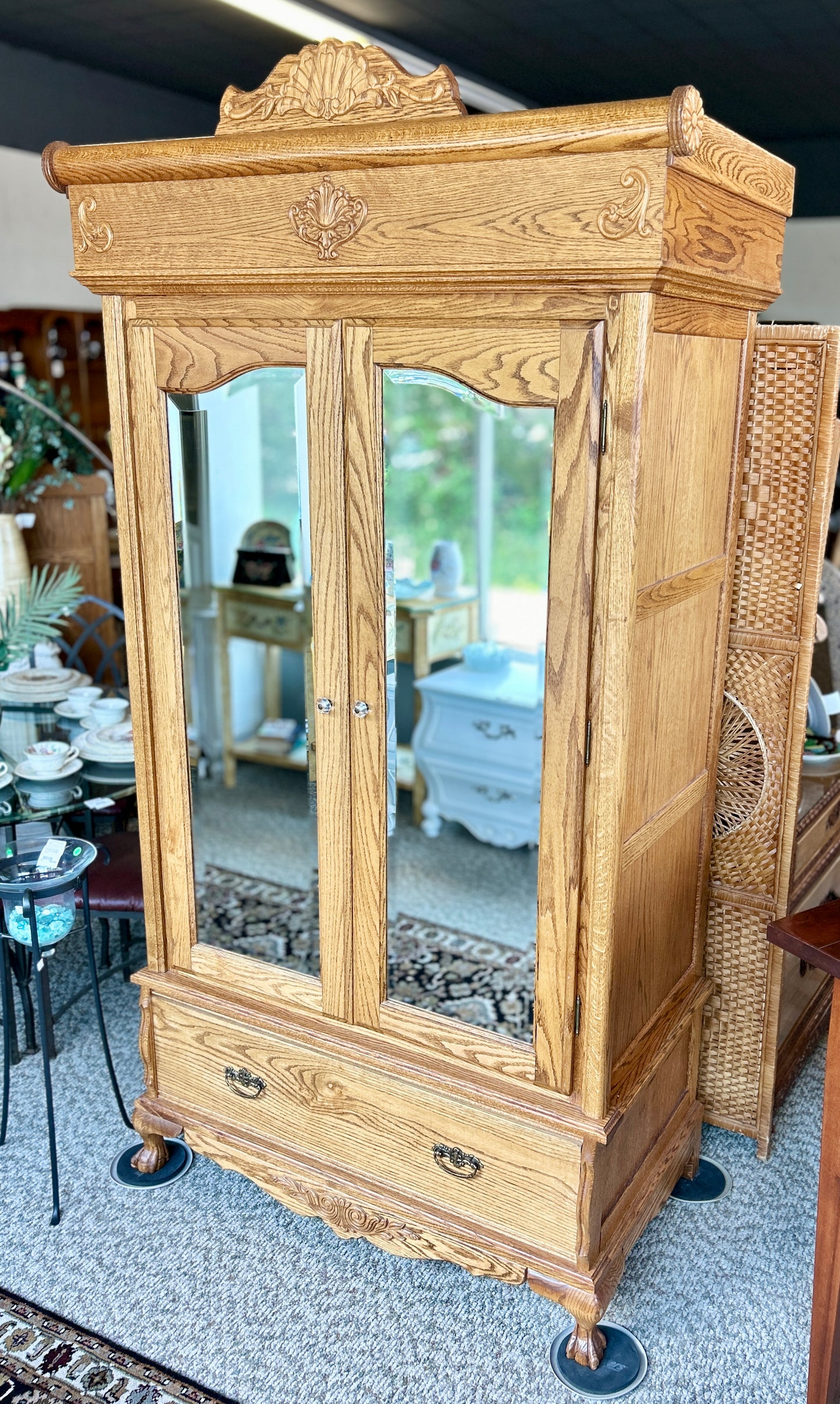 Beautiful, Vintage Oak Armoire with Beveled Glass Mirrors, 86" Tall