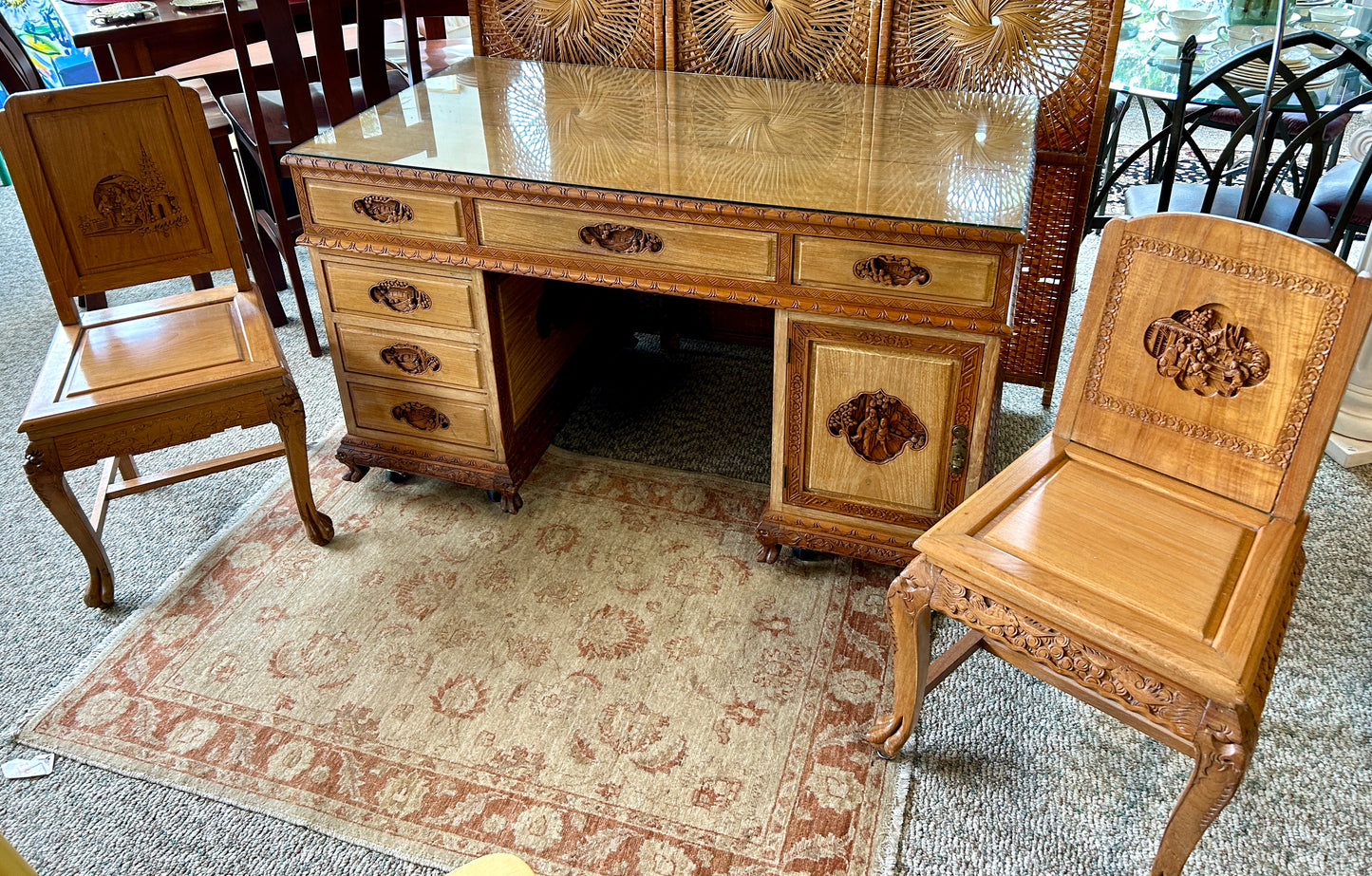 Ornately Carved, Glass-Topped Asian Desk with Two Chairs, Beautiful, Intricately Carved Motifs