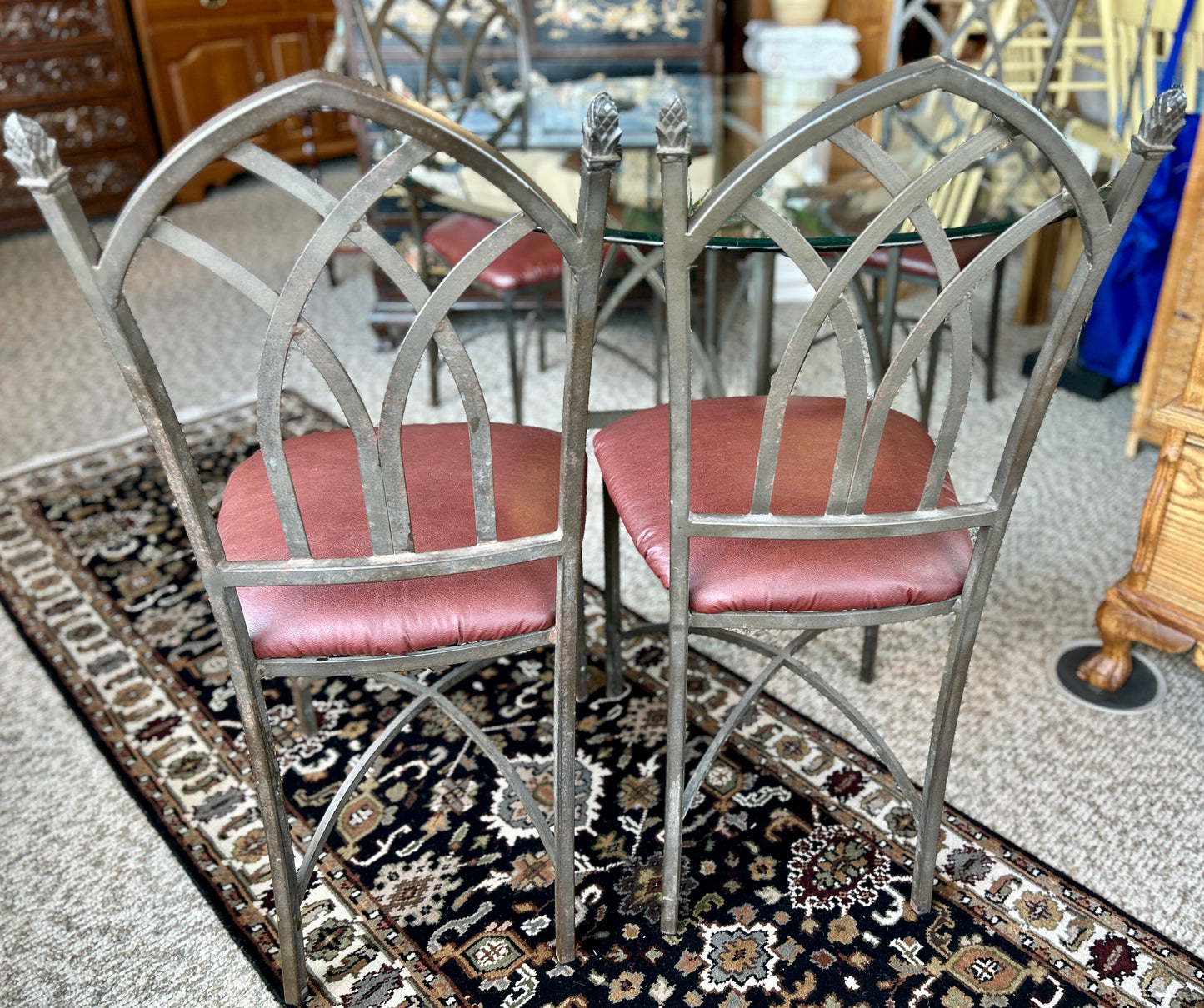 Wrought Iron Dining Set w Beveled Glass Top and Four Upholstered Chairs, 48" Diameter Table